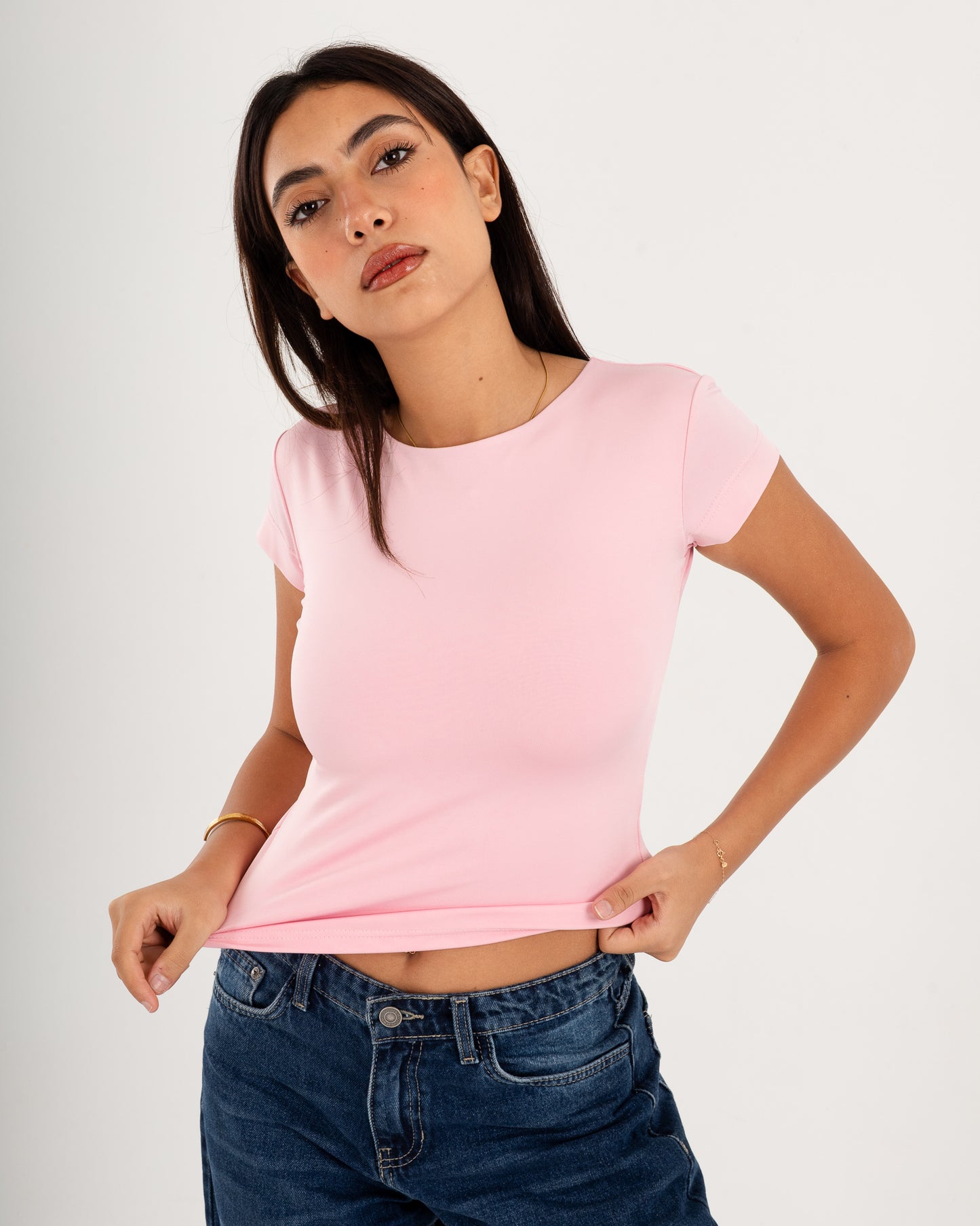 Basic Crew Neck Top - Short Sleeve - Double Layers.