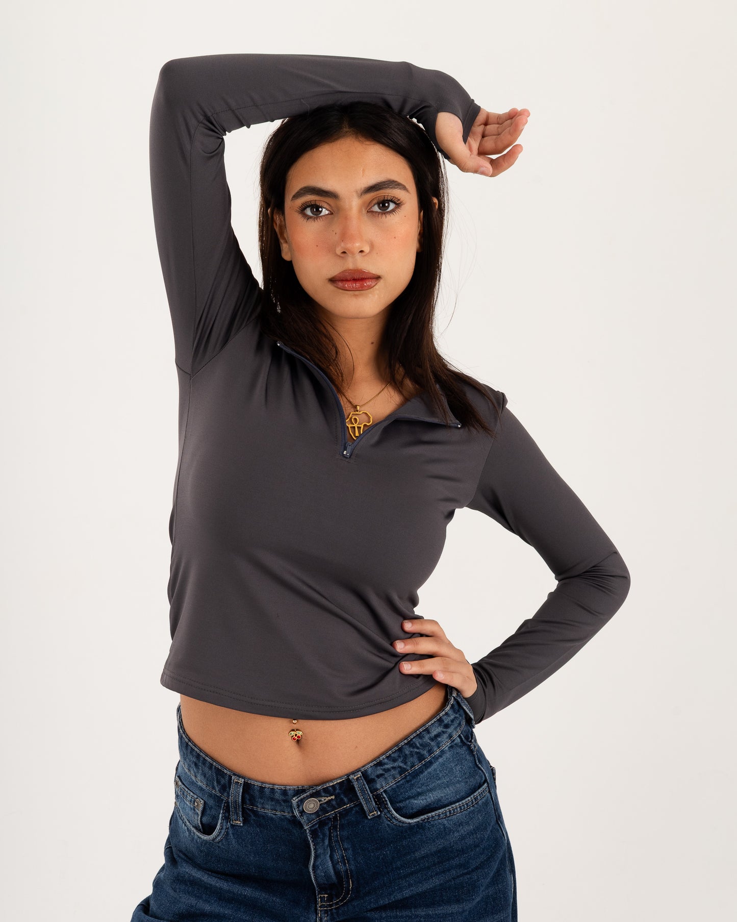 Zipper Long Sleeve Top - Slit Cuff - Double Layers.