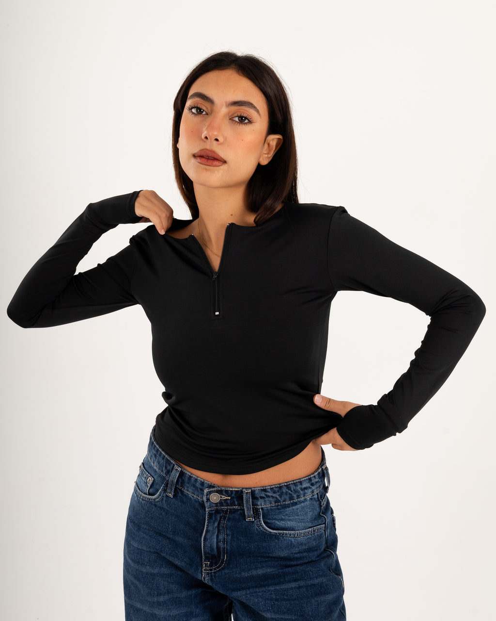 Zipper Long Sleeve Top - Slit Cuff - Double Layers.