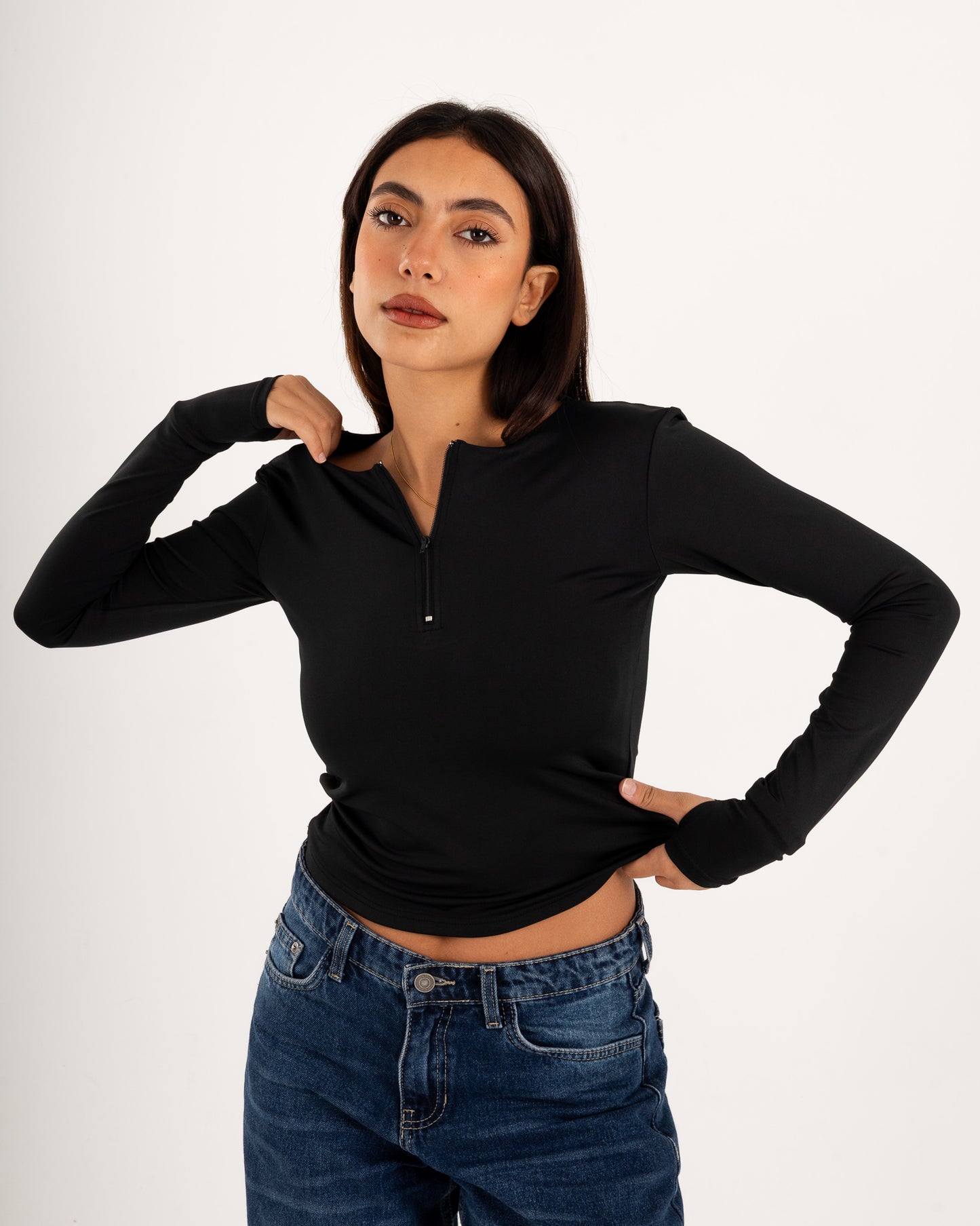 Zipper Long Sleeve Top - Slit Cuff - Double Layers.