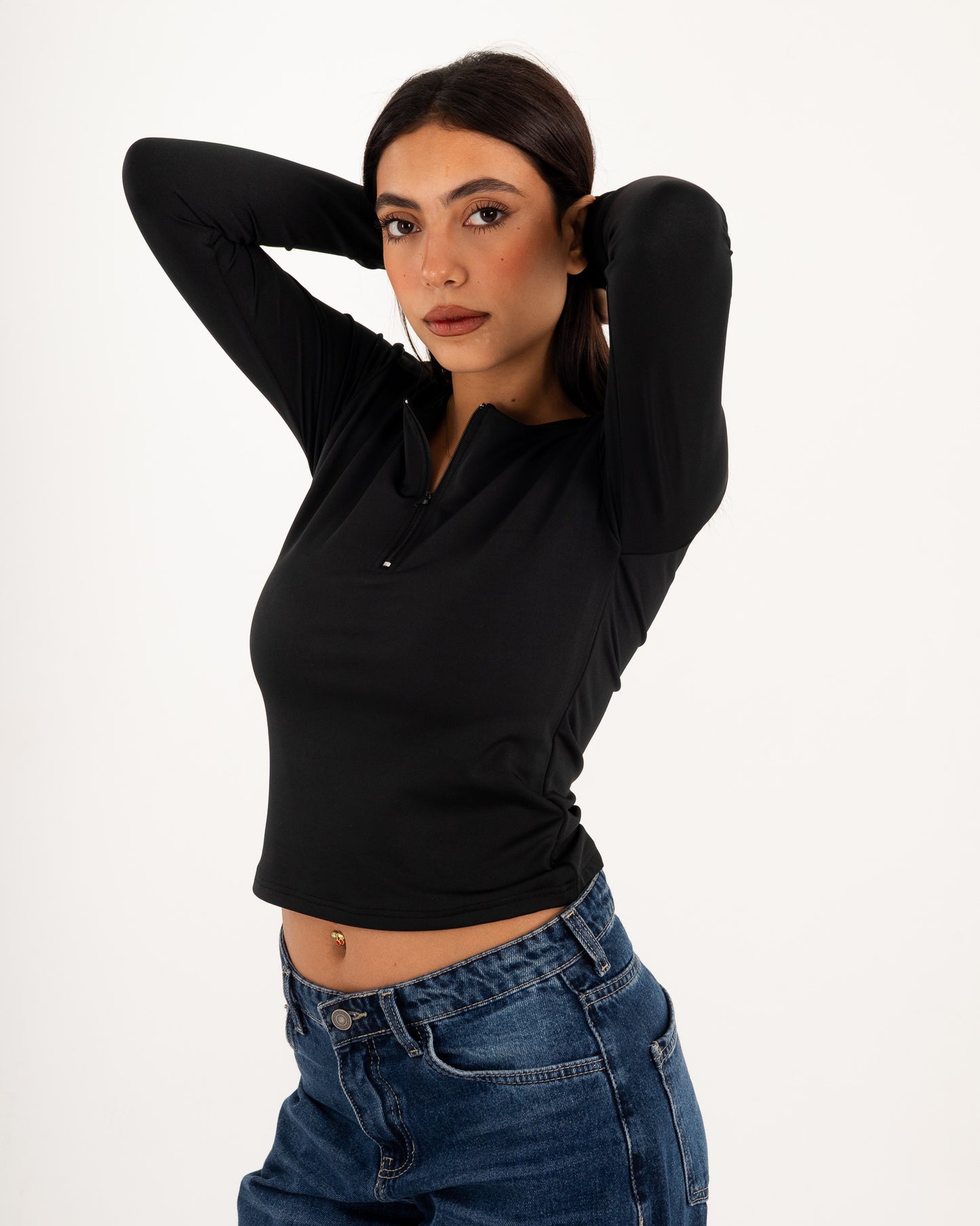 Zipper Long Sleeve Top - Slit Cuff - Double Layers.