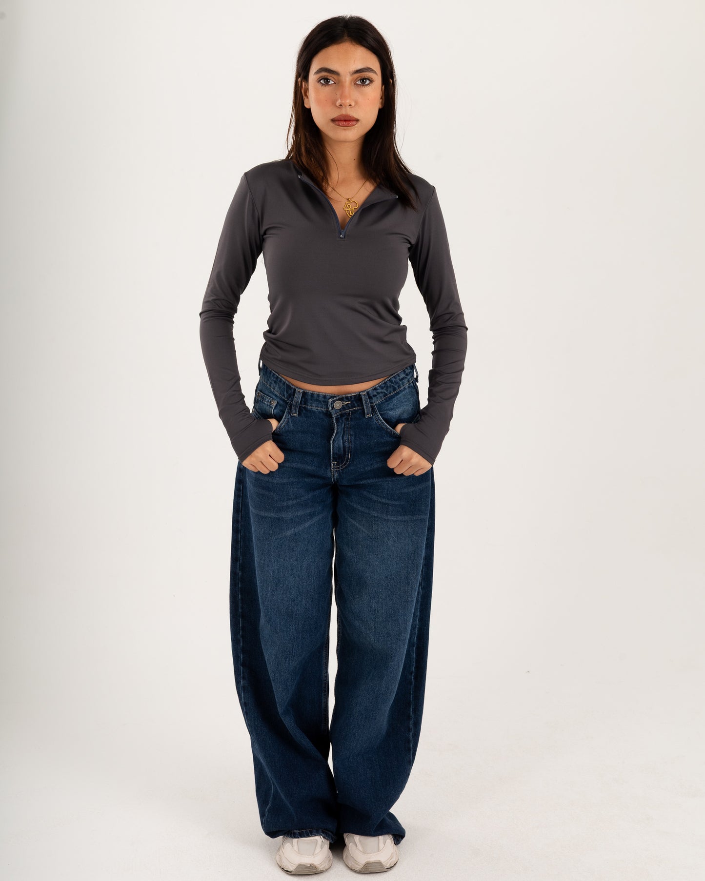 Zipper Long Sleeve Top - Slit Cuff - Double Layers.