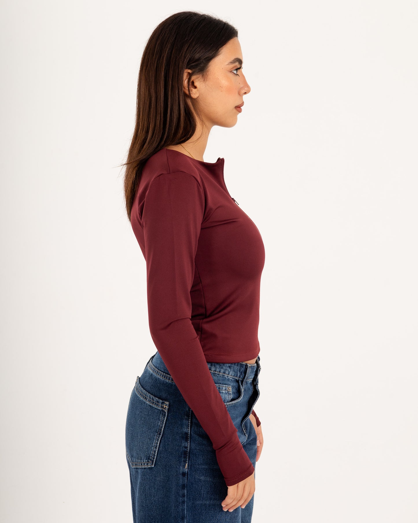 Zipper Long Sleeve Top - Slit Cuff - Double Layers.