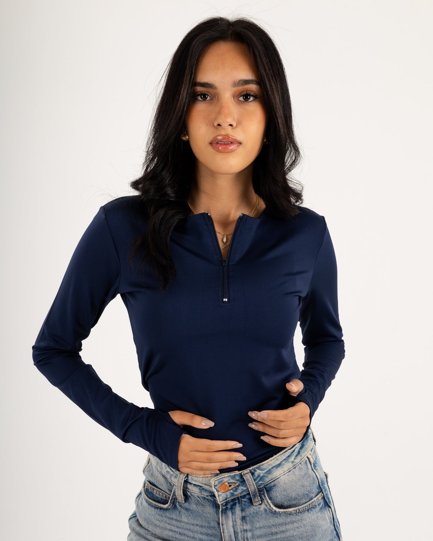 Zipper Long Sleeve Top - Slit Cuff - Double Layers.