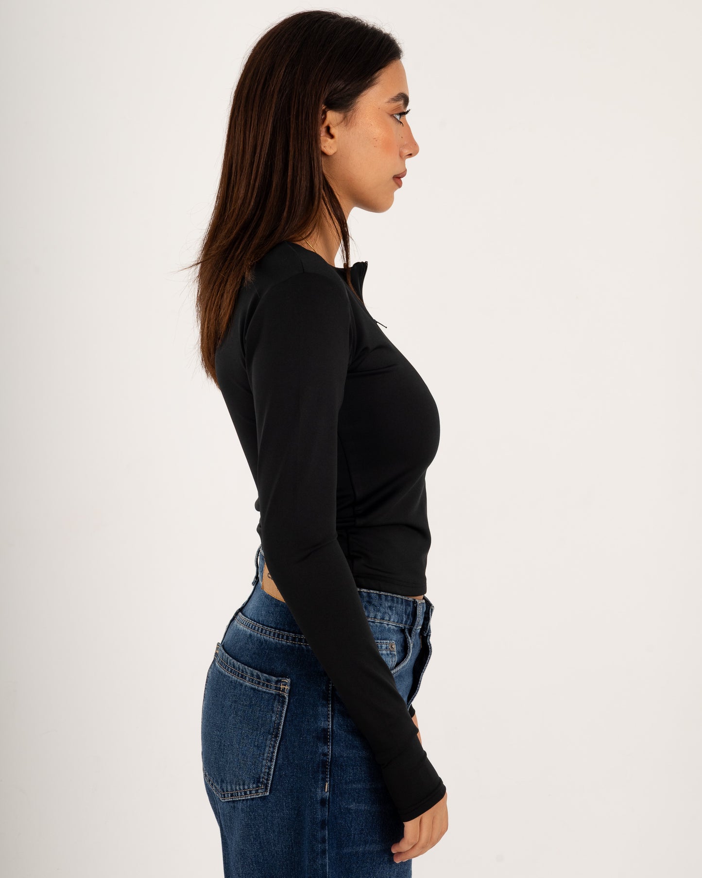 Zipper Long Sleeve Top - Slit Cuff - Double Layers.