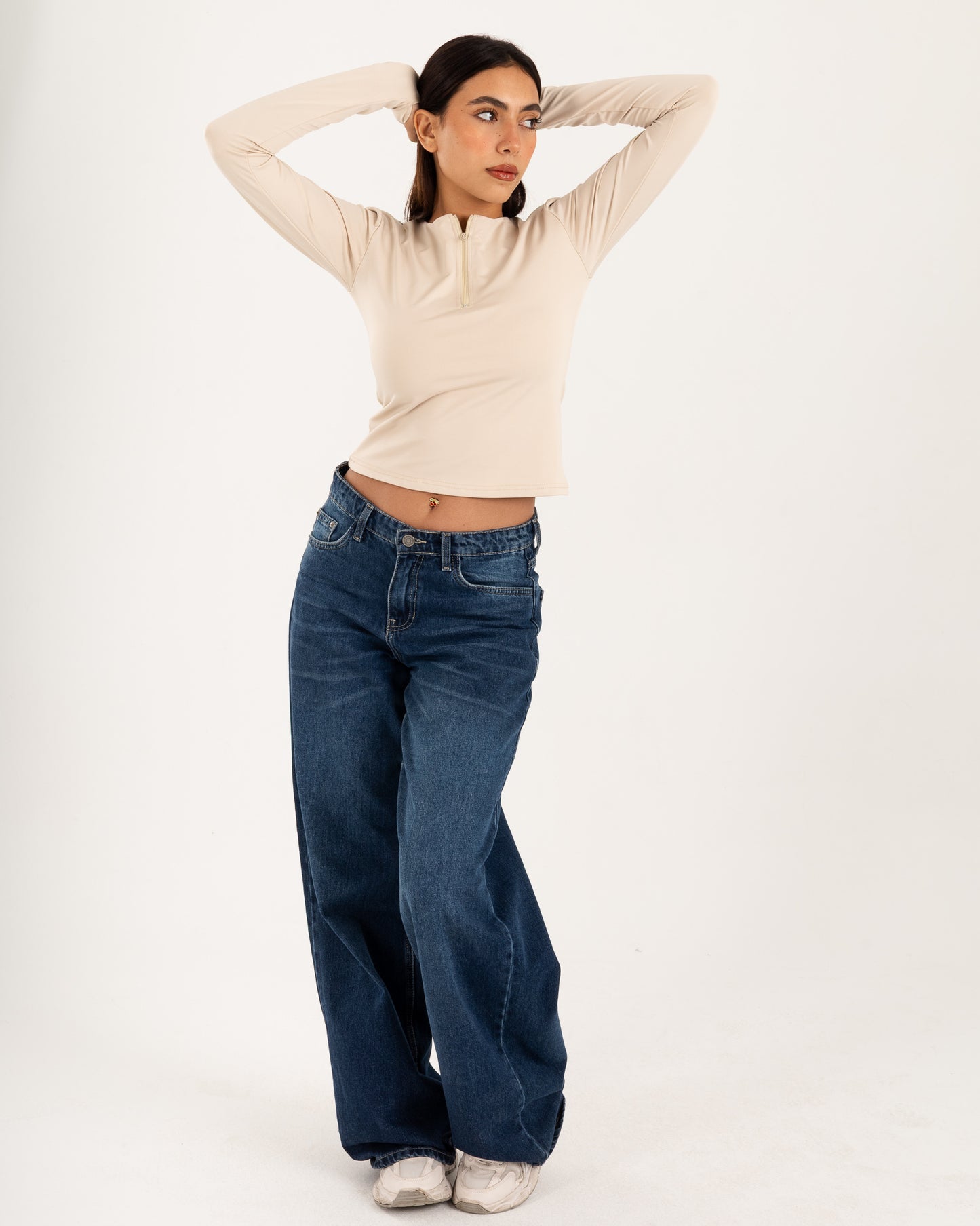 Zipper Long Sleeve Top - Slit Cuff - Double Layers.