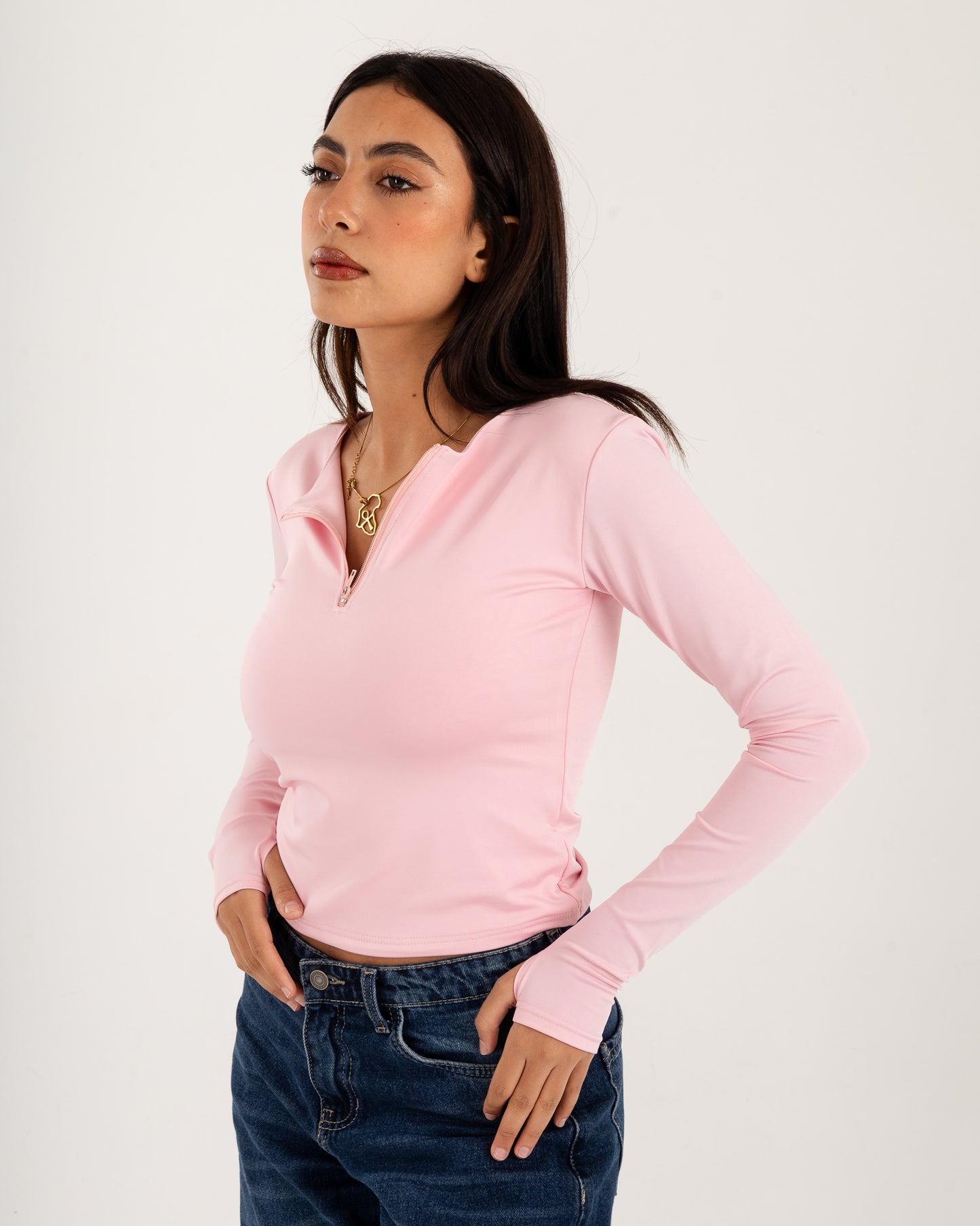 Zipper Long Sleeve Top - Slit Cuff - Double Layers.