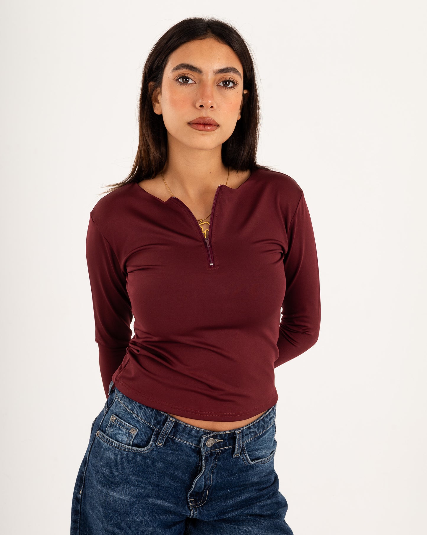 Zipper Long Sleeve Top - Slit Cuff - Double Layers.