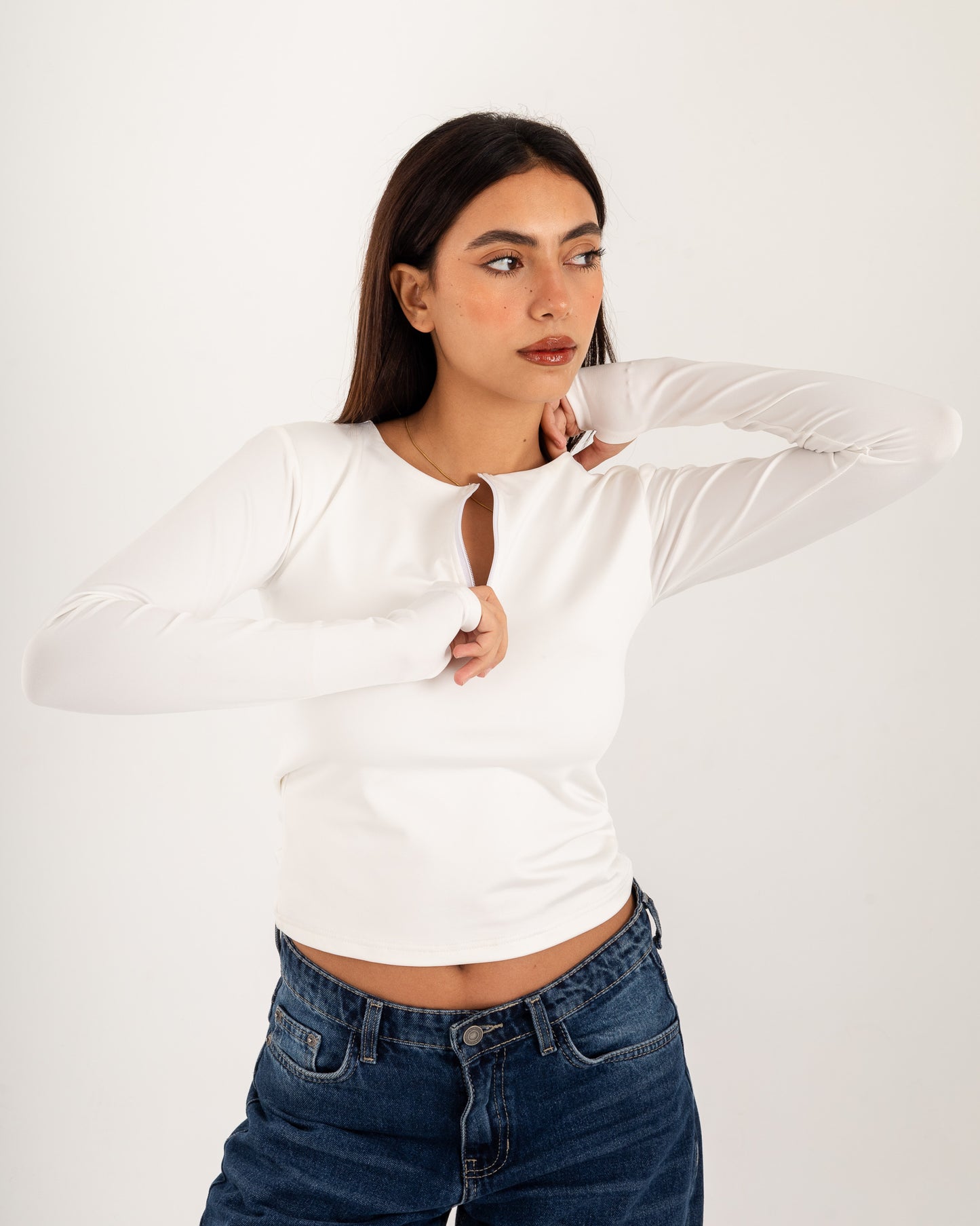 Zipper Long Sleeve Top - Slit Cuff - Double Layers.