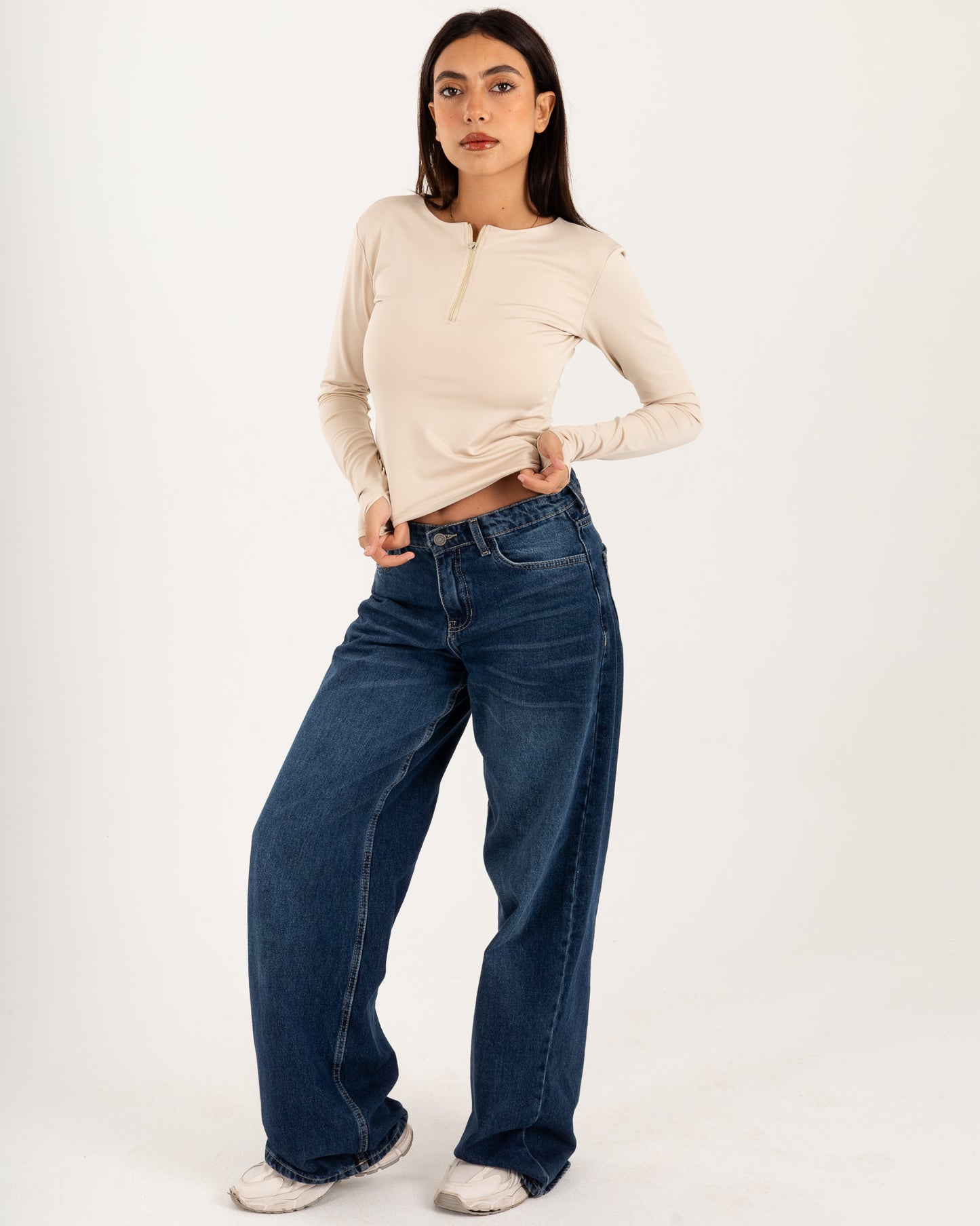 Zipper Long Sleeve Top - Slit Cuff - Double Layers.