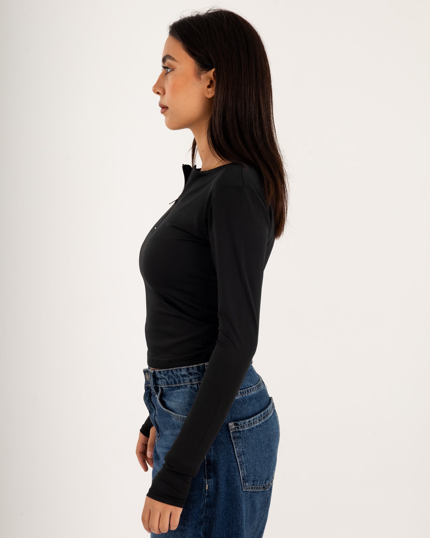 Zipper Long Sleeve Top - Slit Cuff - Double Layers.