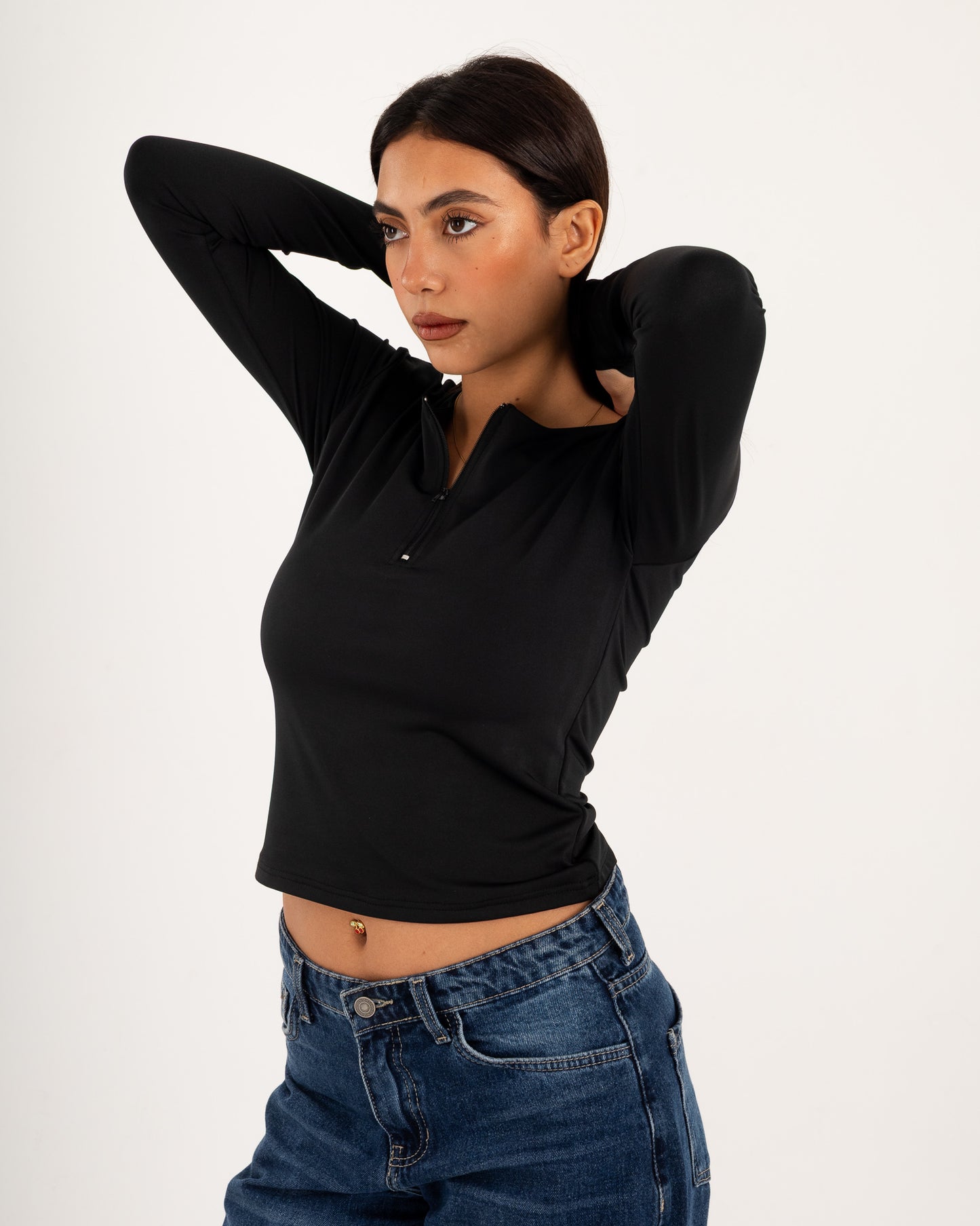 Zipper Long Sleeve Top - Slit Cuff - Double Layers.