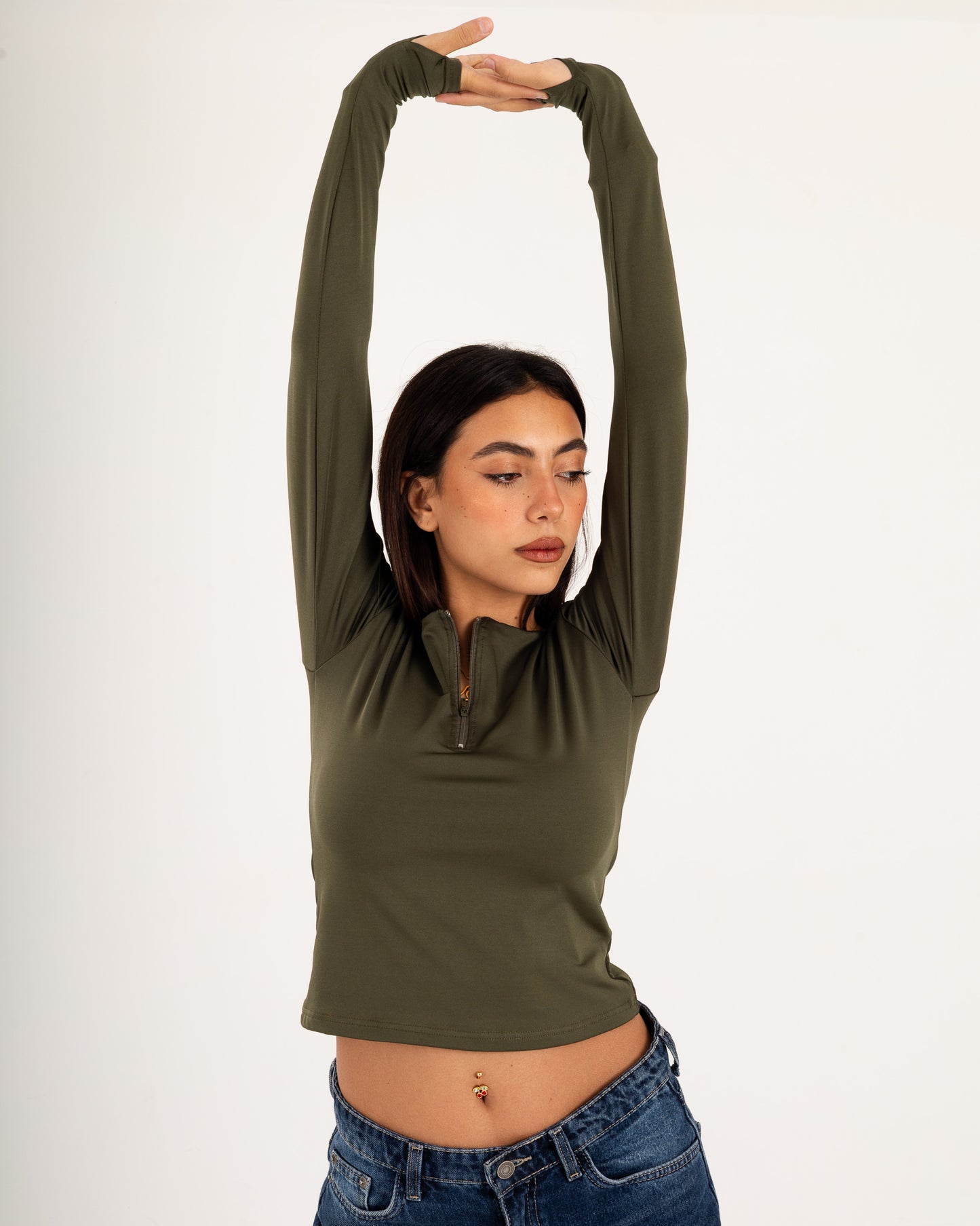 Zipper Long Sleeve Top - Slit Cuff - Double Layers.