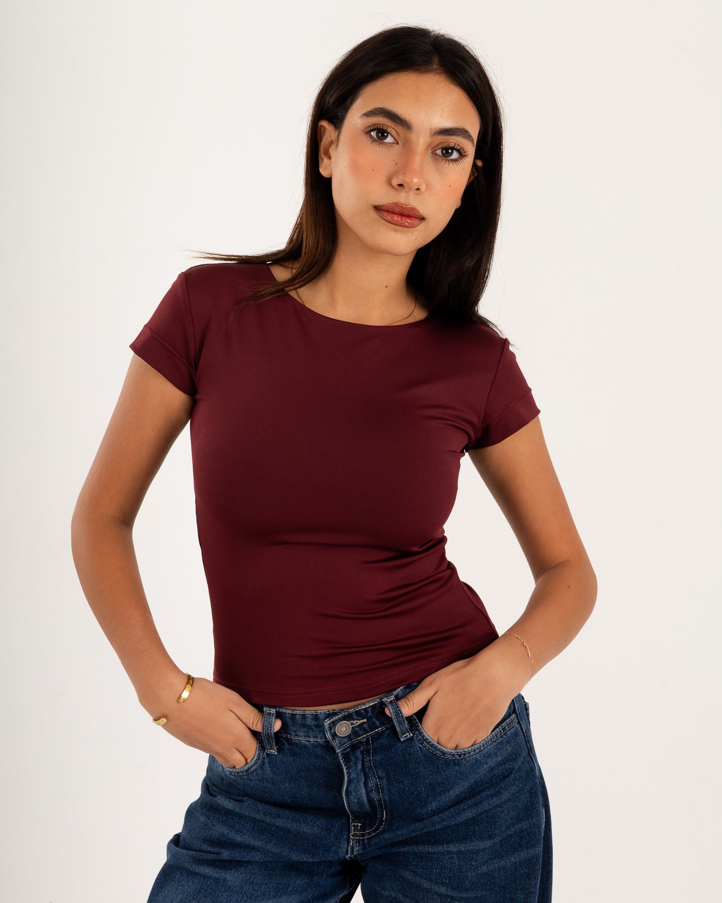 Basic Crew Neck Top - Short Sleeve - Double Layers.