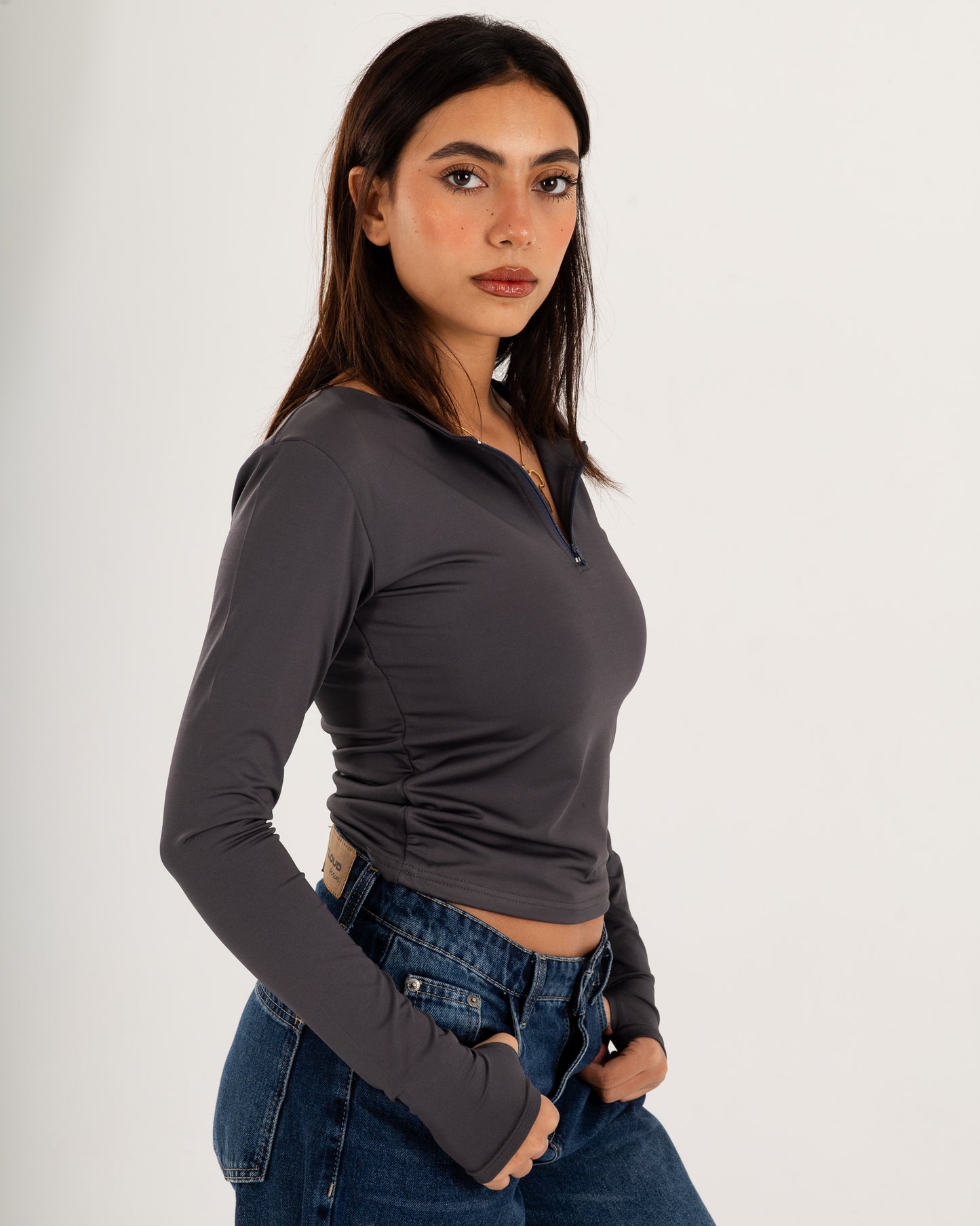 Zipper Long Sleeve Top - Slit Cuff - Double Layers.