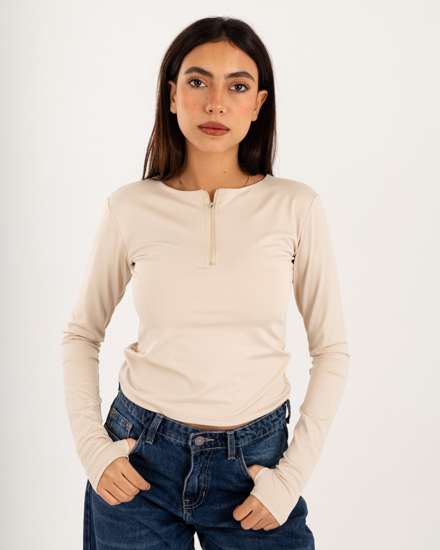 Zipper Long Sleeve Top - Slit Cuff - Double Layers.