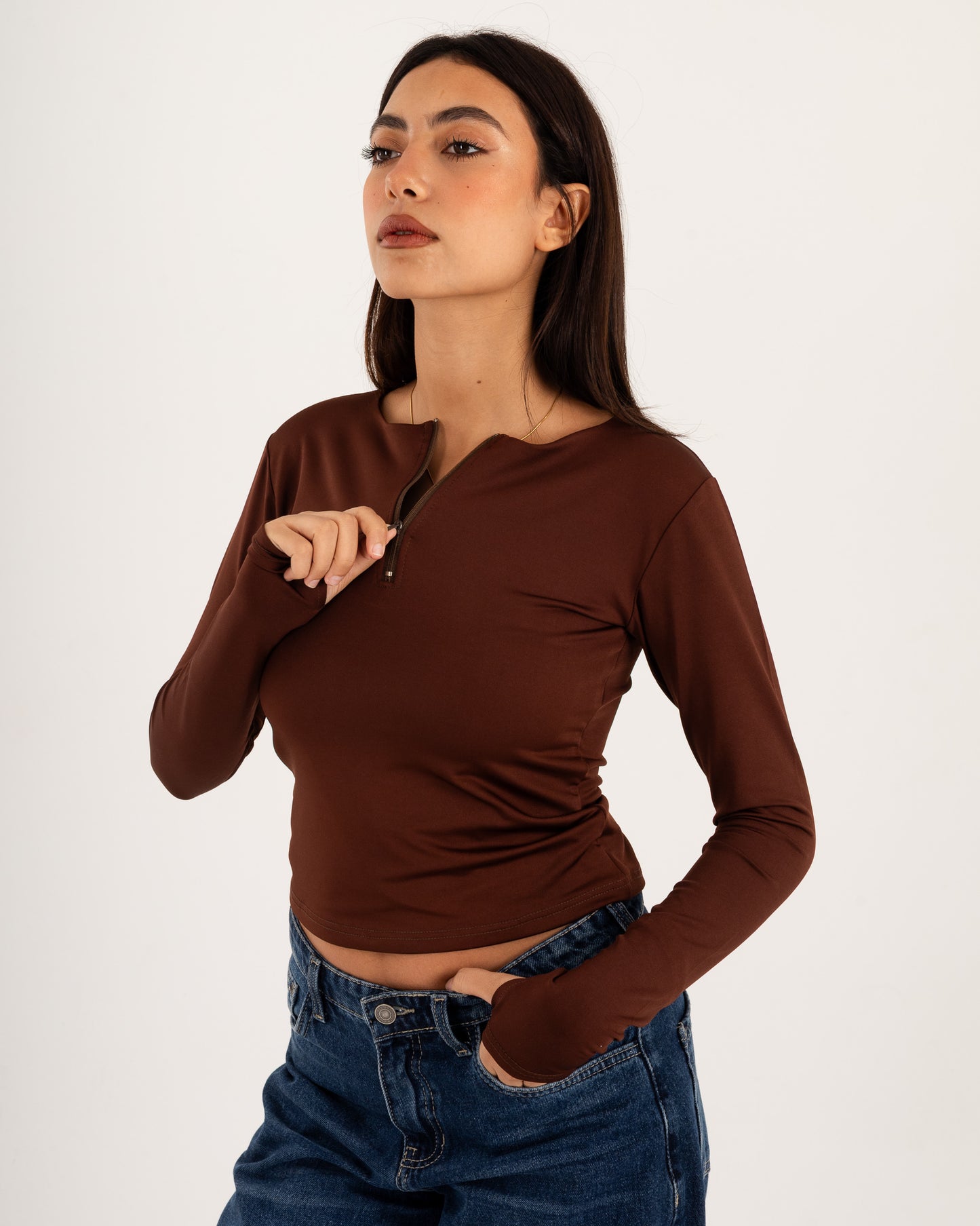 Zipper Long Sleeve Top - Slit Cuff - Double Layers.