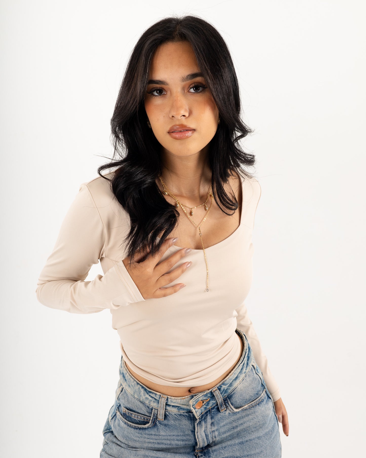 Square V-Neck  Long Sleeve top.