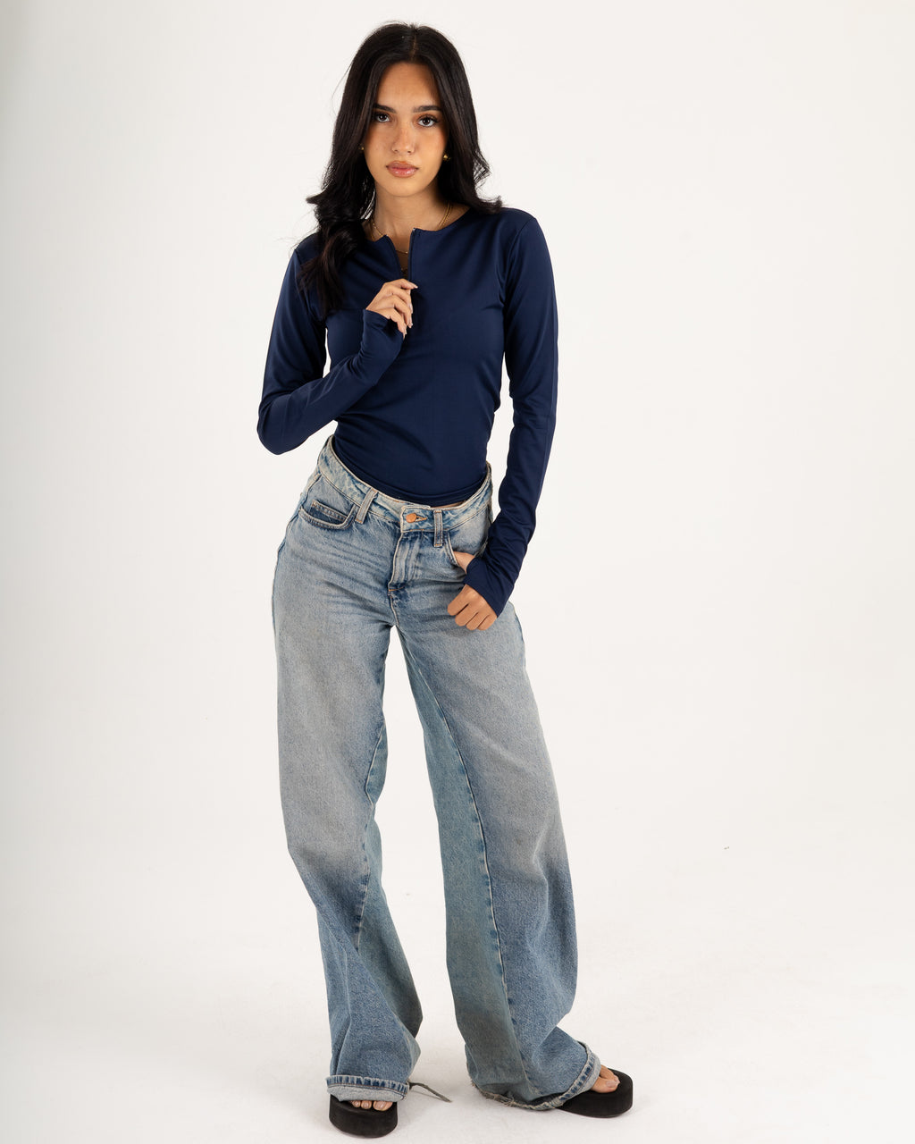 Zipper Long Sleeve Top - Slit Cuff - Double Layers.