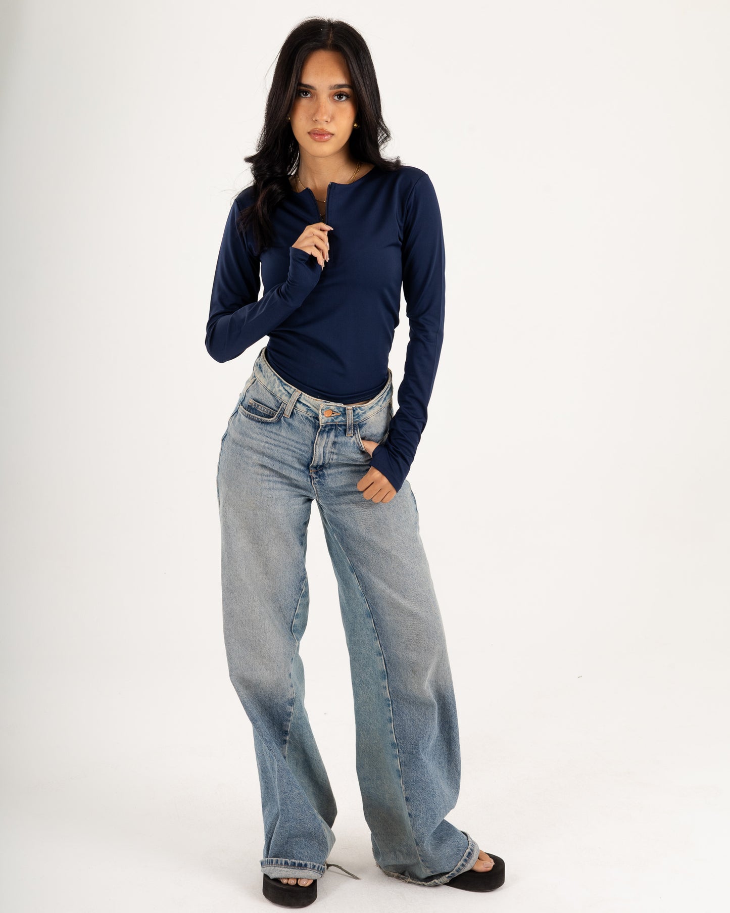 Zipper Long Sleeve Top - Slit Cuff - Double Layers.