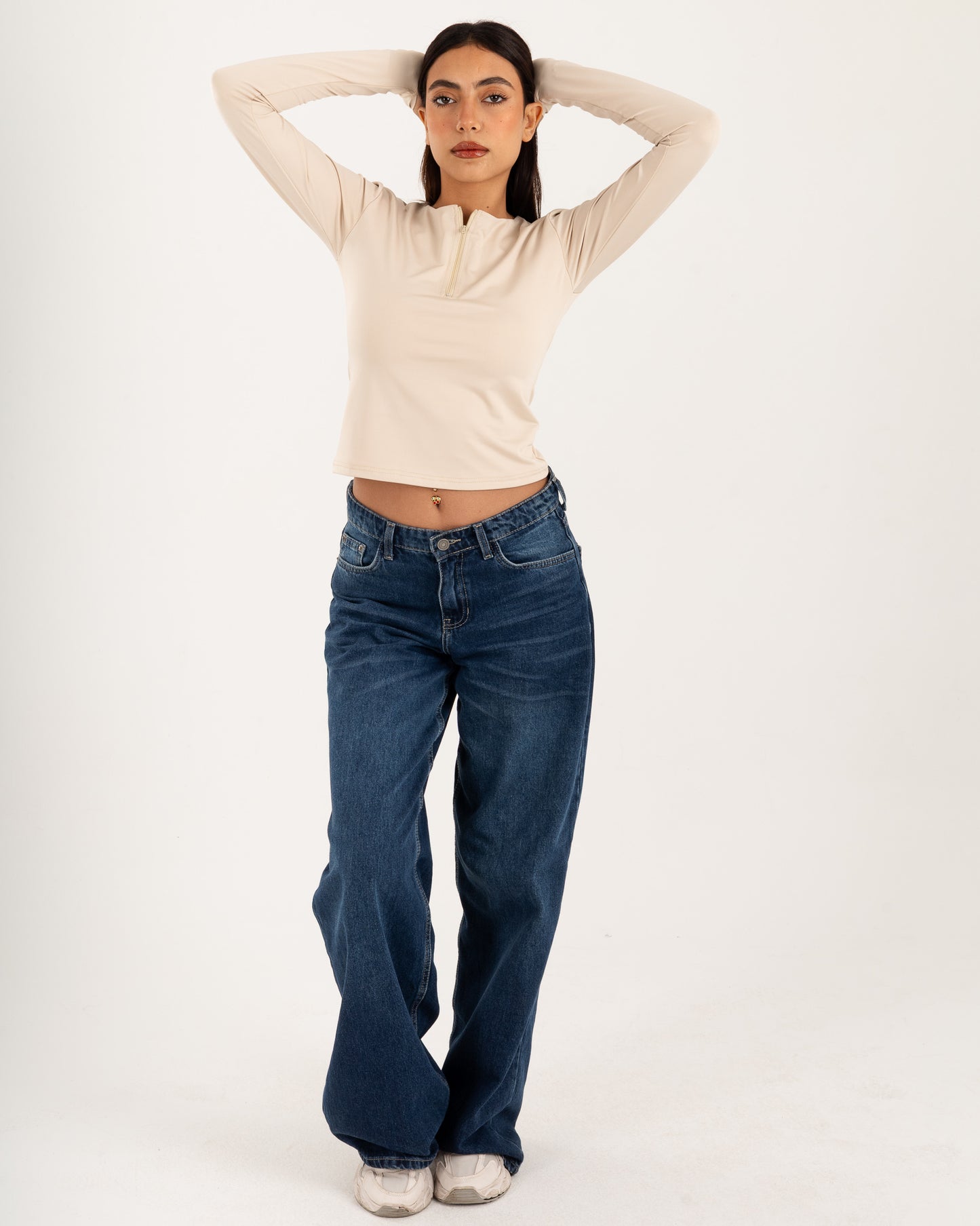 Zipper Long Sleeve Top - Slit Cuff - Double Layers.