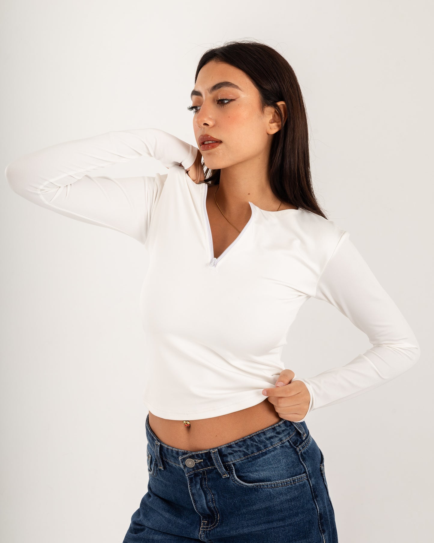 Zipper Long Sleeve Top - Slit Cuff - Double Layers.