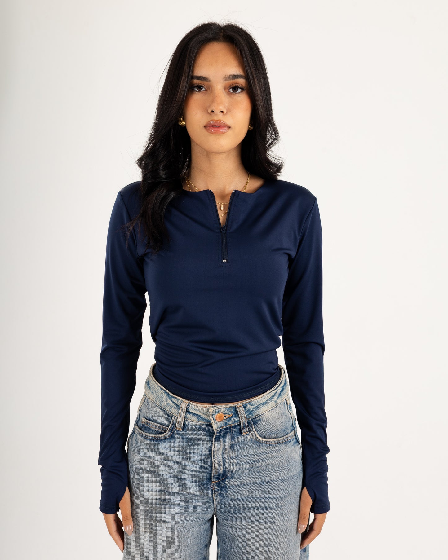 Zipper Long Sleeve Top - Slit Cuff - Double Layers.