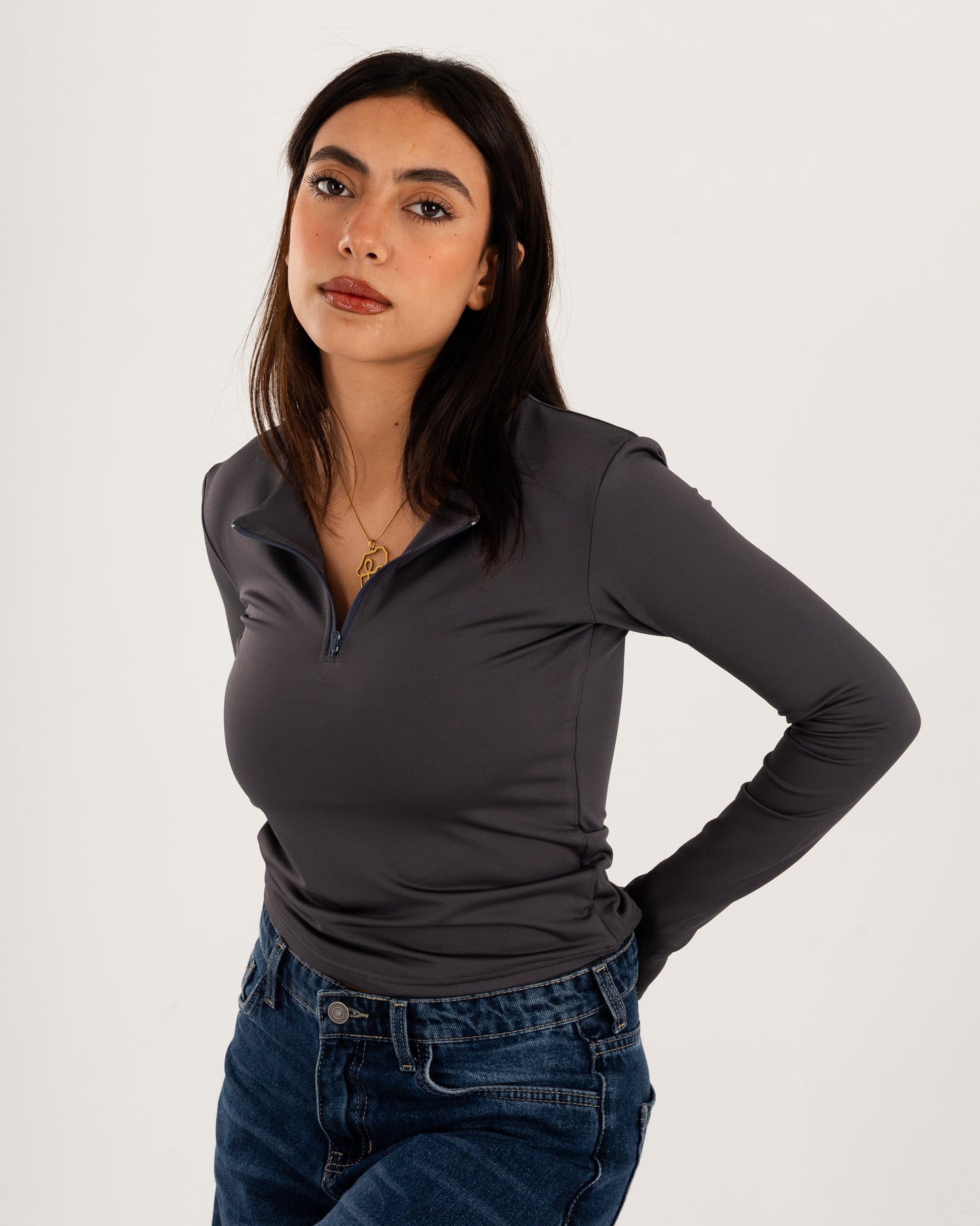 Zipper Long Sleeve Top - Slit Cuff - Double Layers.