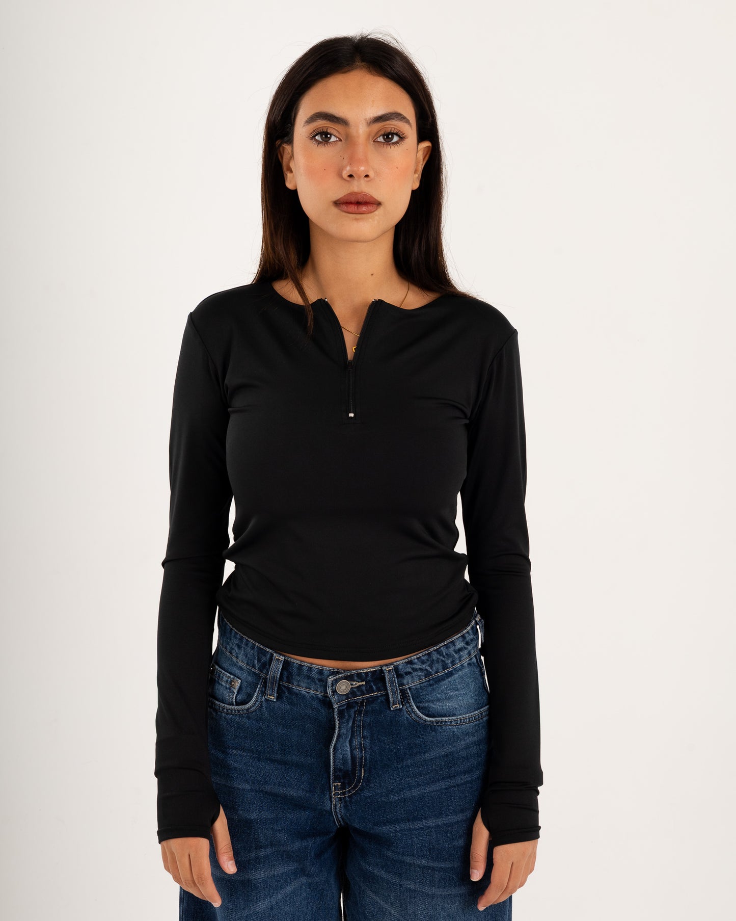 Zipper Long Sleeve Top - Slit Cuff - Double Layers.