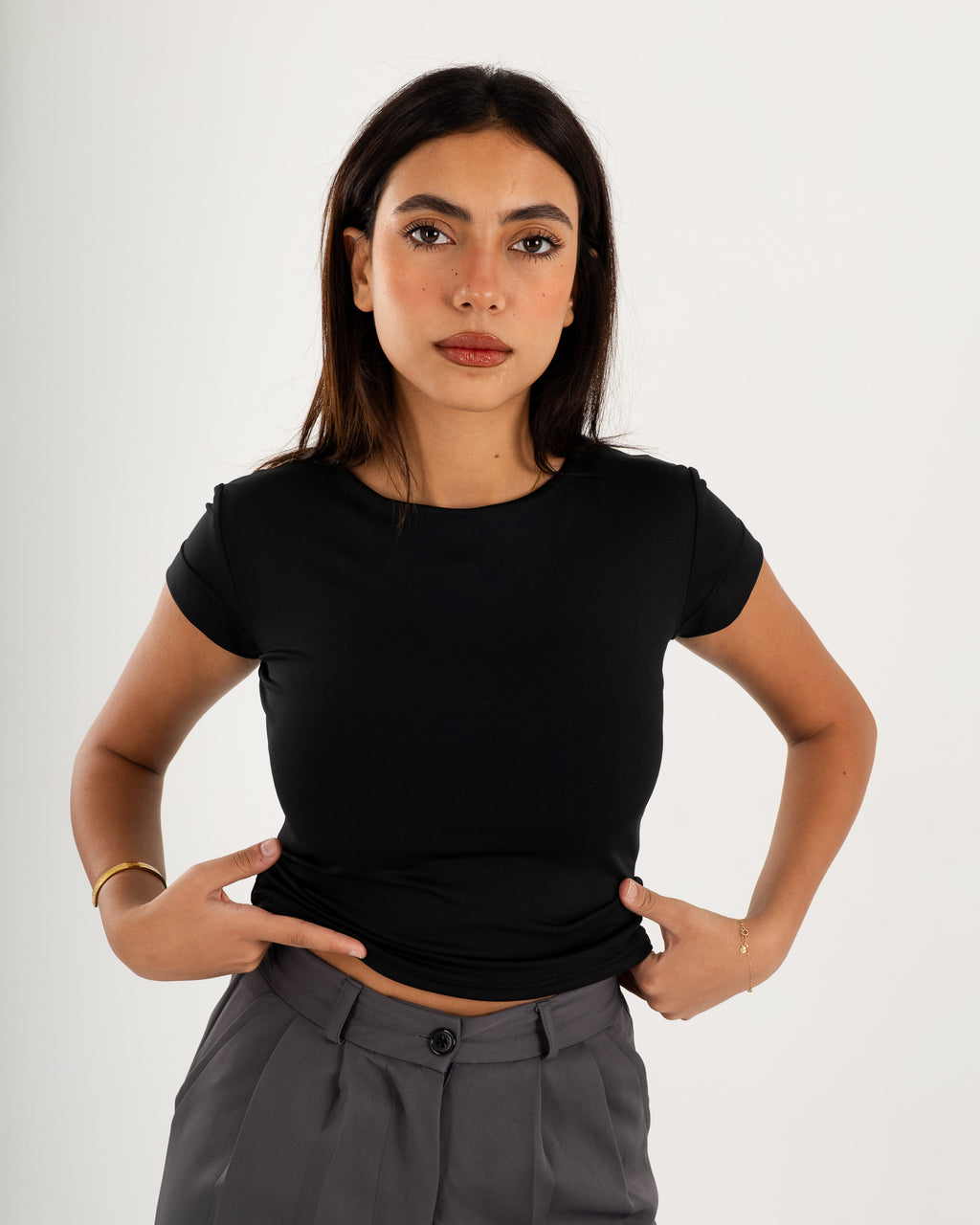 Basic Crew Neck Top - Short Sleeve - Double Layers.
