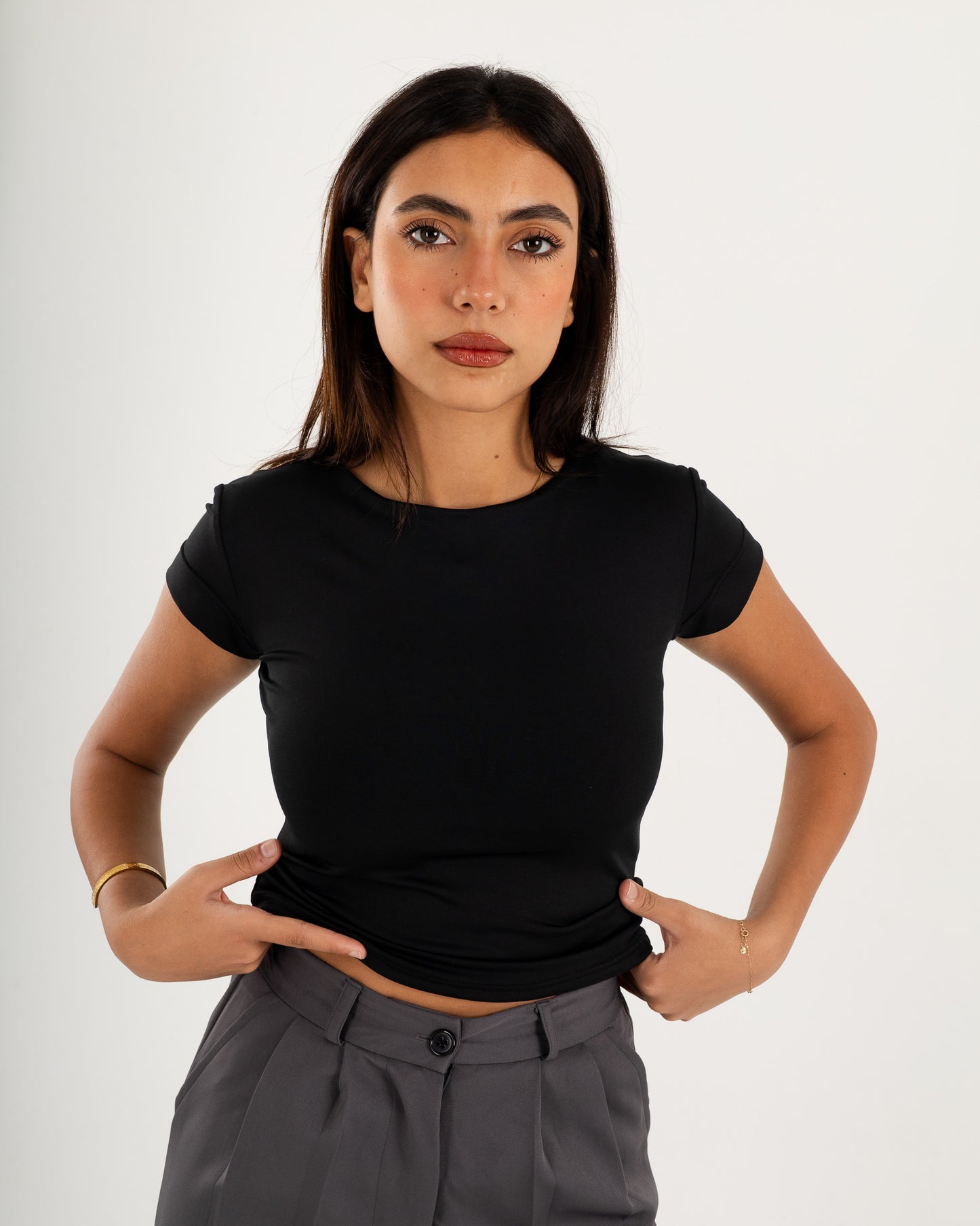 Basic Crew Neck Top - Short Sleeve - Double Layers.