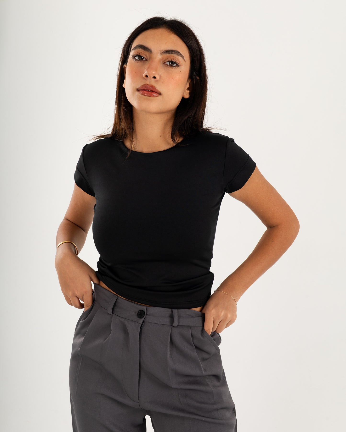 Basic Crew Neck Top - Short Sleeve - Double Layers.