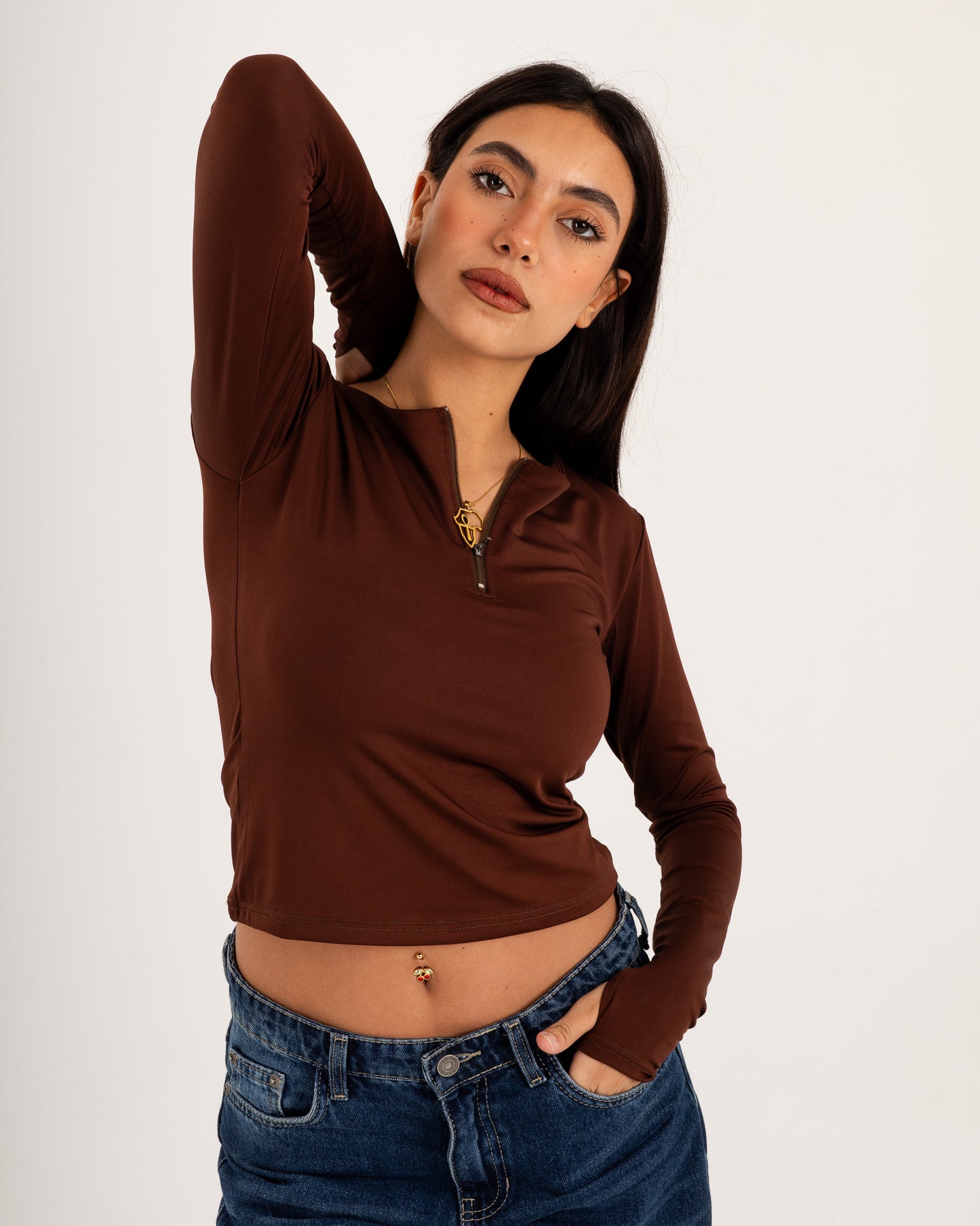 Zipper Long Sleeve Top - Slit Cuff - Double Layers.