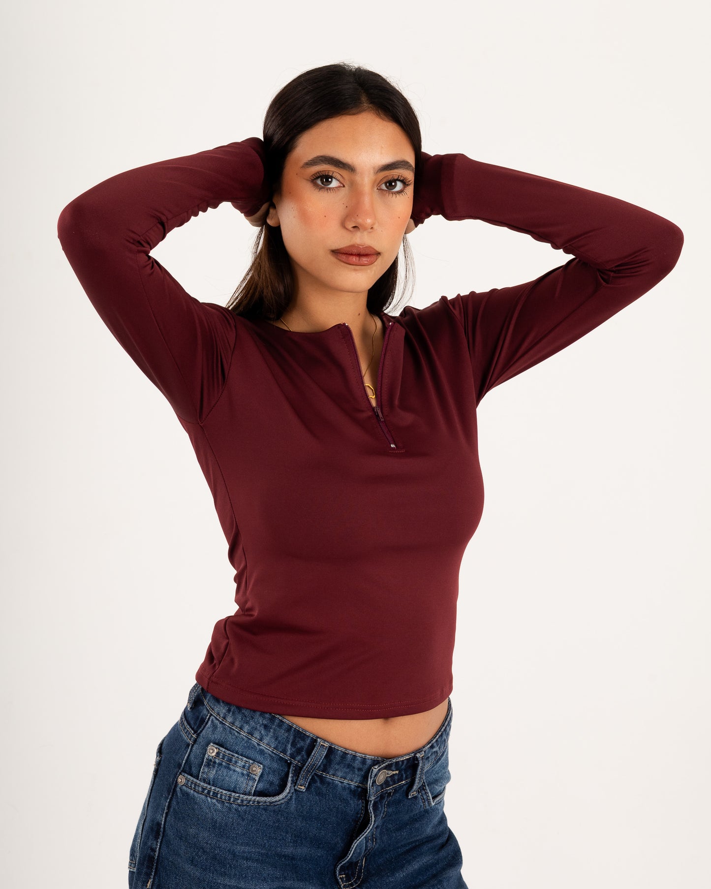 Zipper Long Sleeve Top - Slit Cuff - Double Layers.