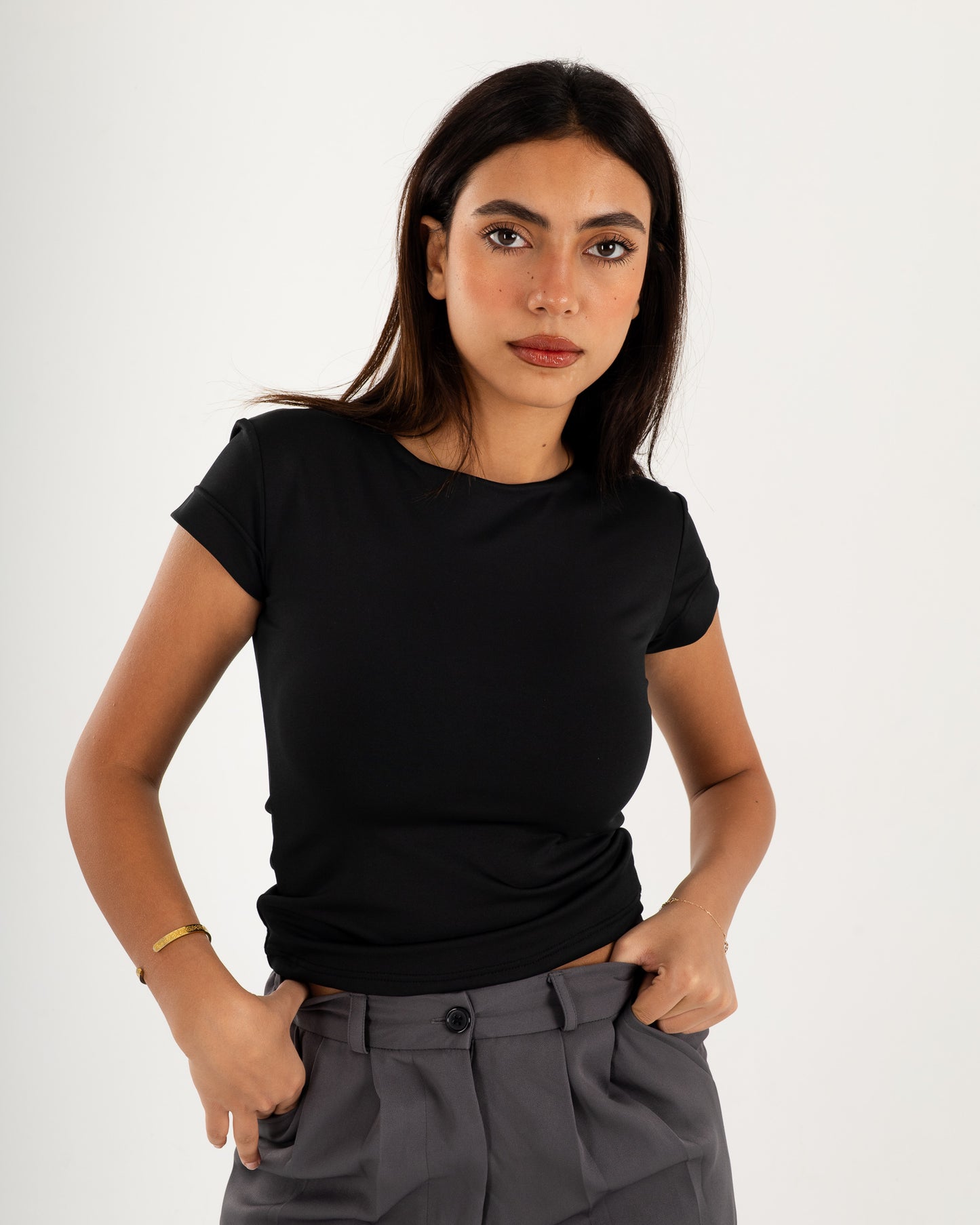 Basic Crew Neck Top - Short Sleeve - Double Layers.