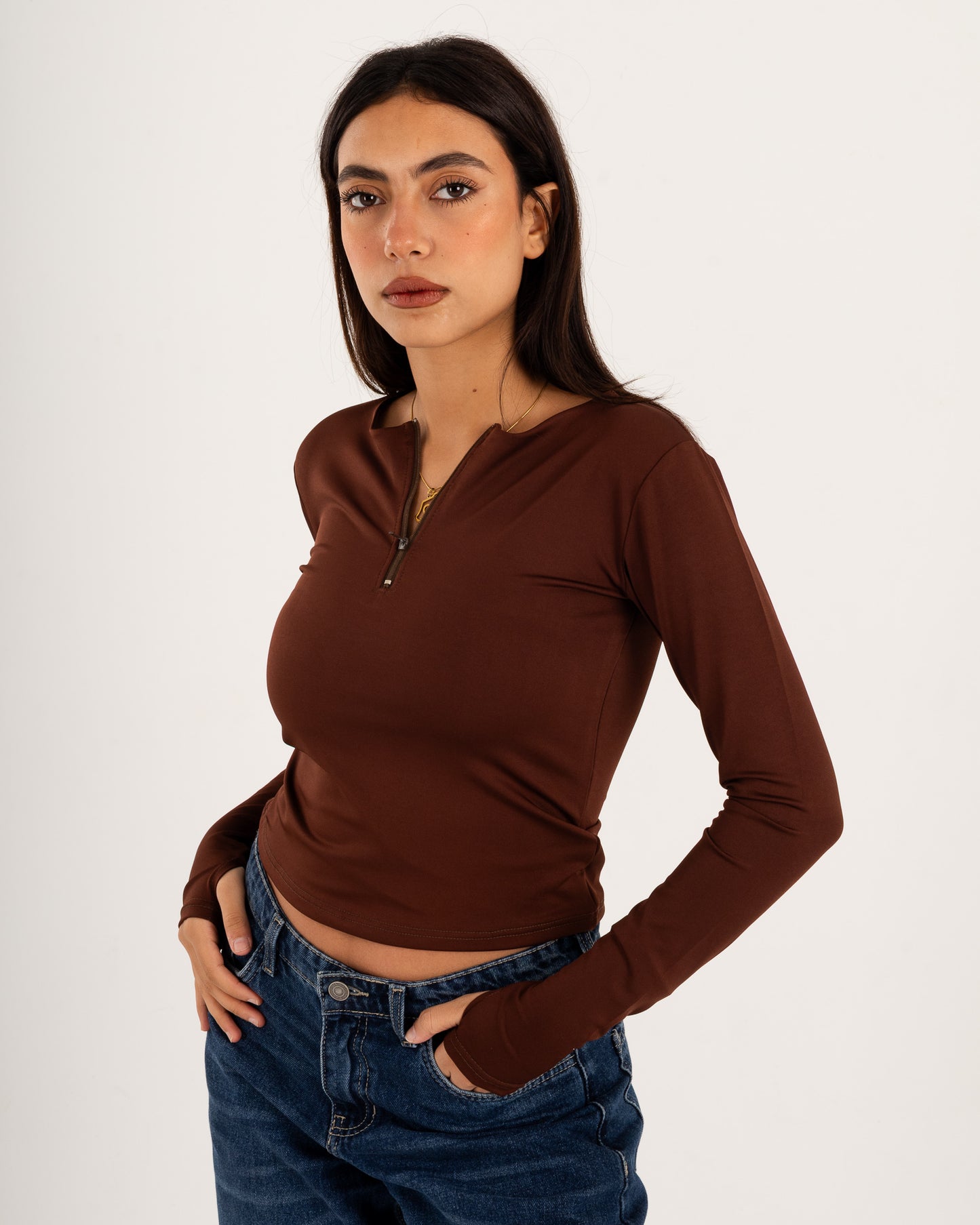 Zipper Long Sleeve Top - Slit Cuff - Double Layers.