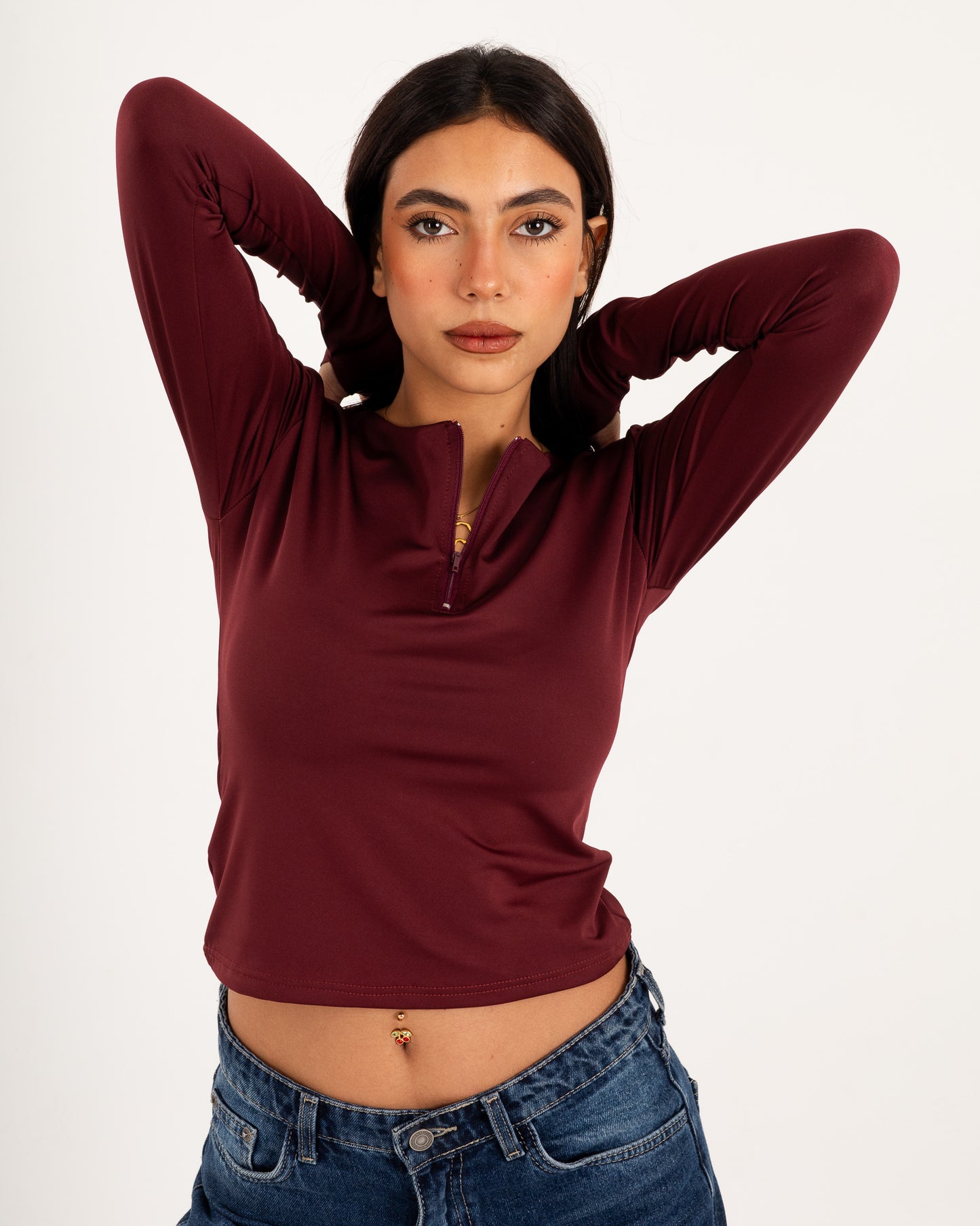 Zipper Long Sleeve Top - Slit Cuff - Double Layers.