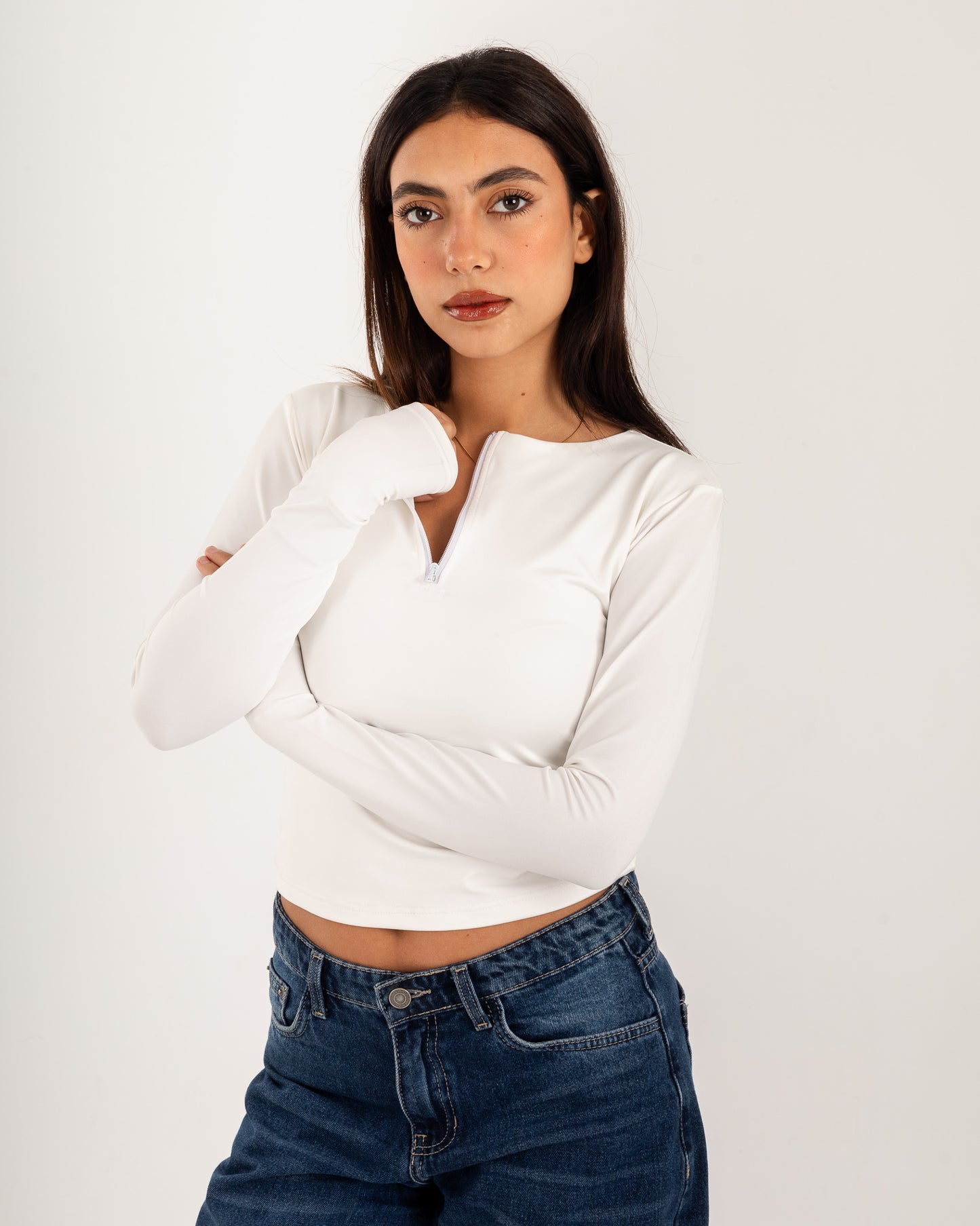 Zipper Long Sleeve Top - Slit Cuff - Double Layers.