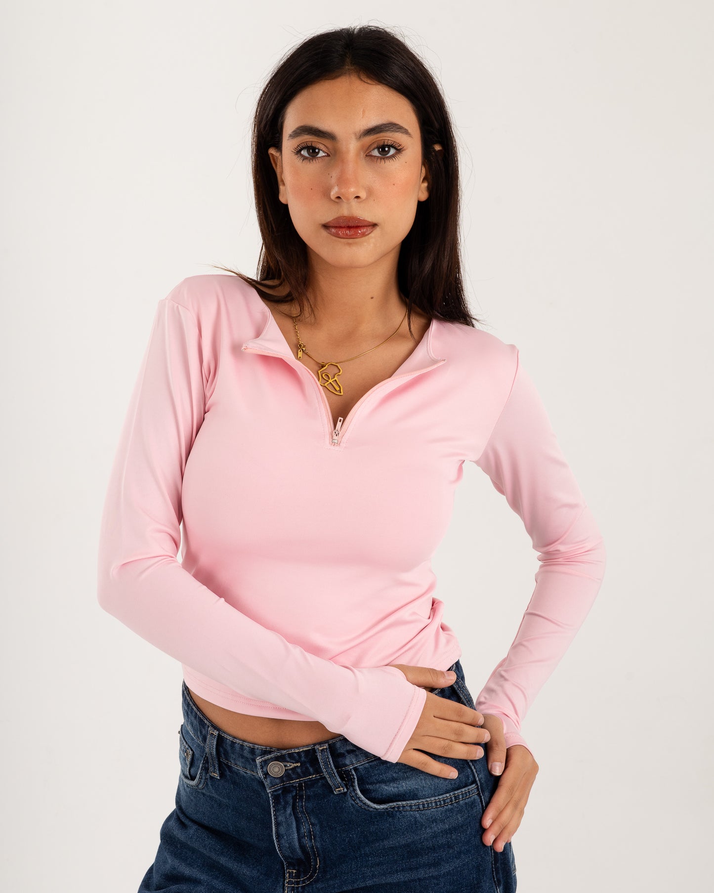 Zipper Long Sleeve Top - Slit Cuff - Double Layers.