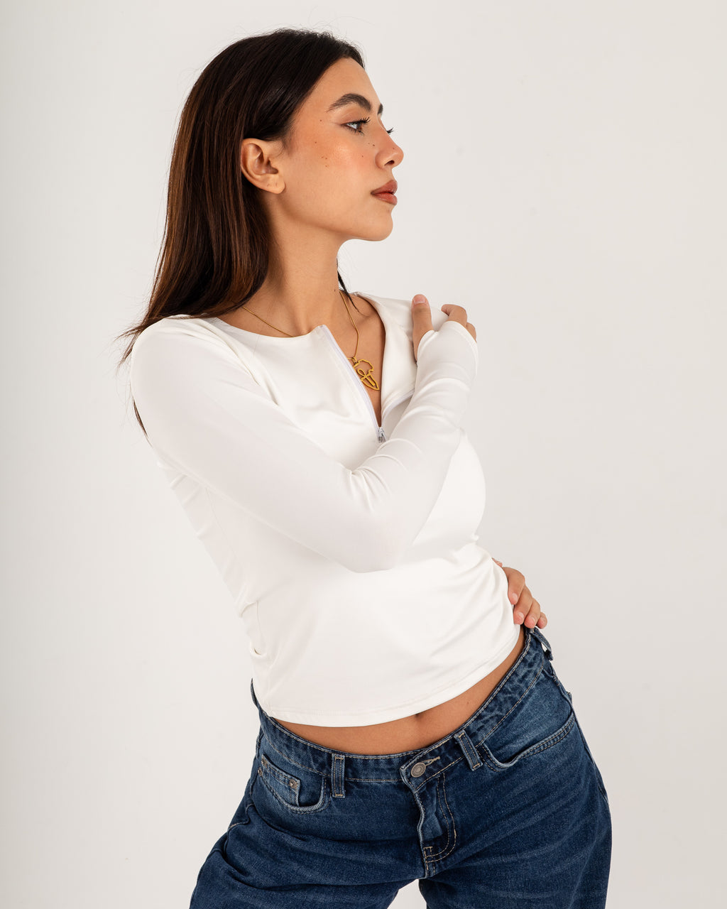 Zipper Long Sleeve Top - Slit Cuff - Double Layers.