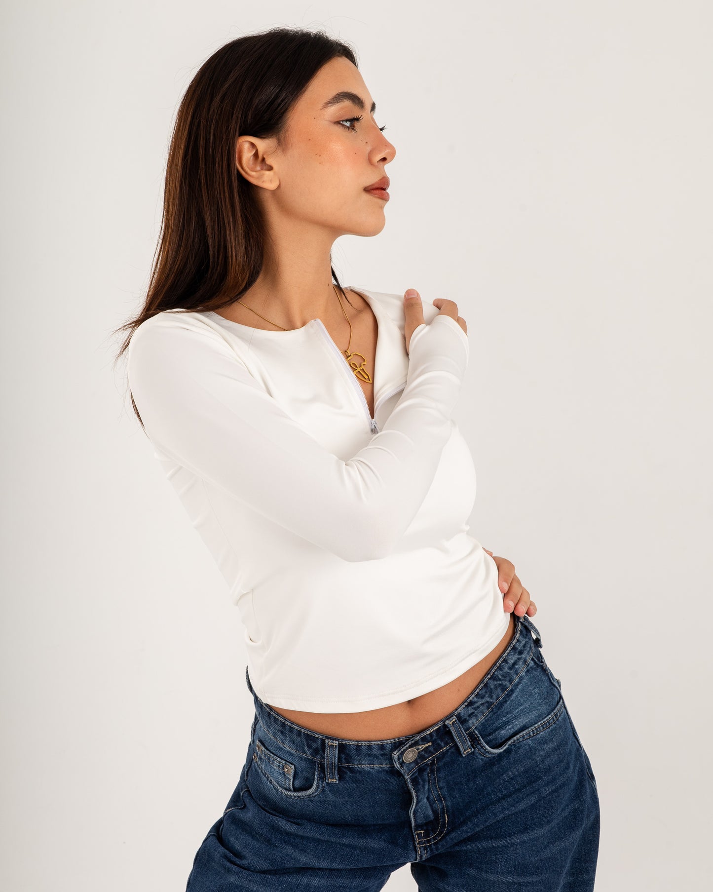 Zipper Long Sleeve Top - Slit Cuff - Double Layers.