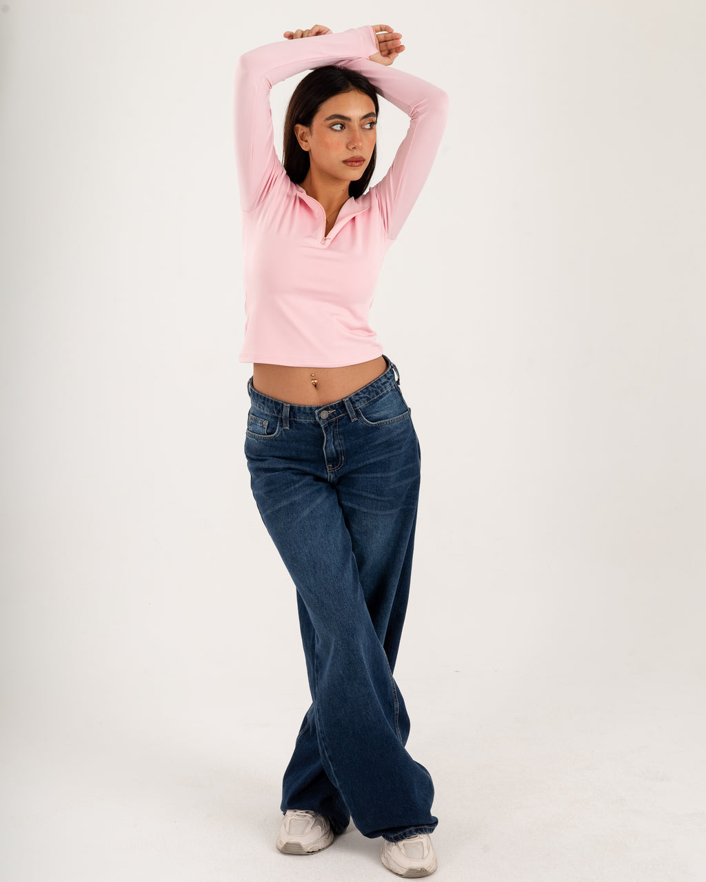 Zipper Long Sleeve Top - Slit Cuff - Double Layers.