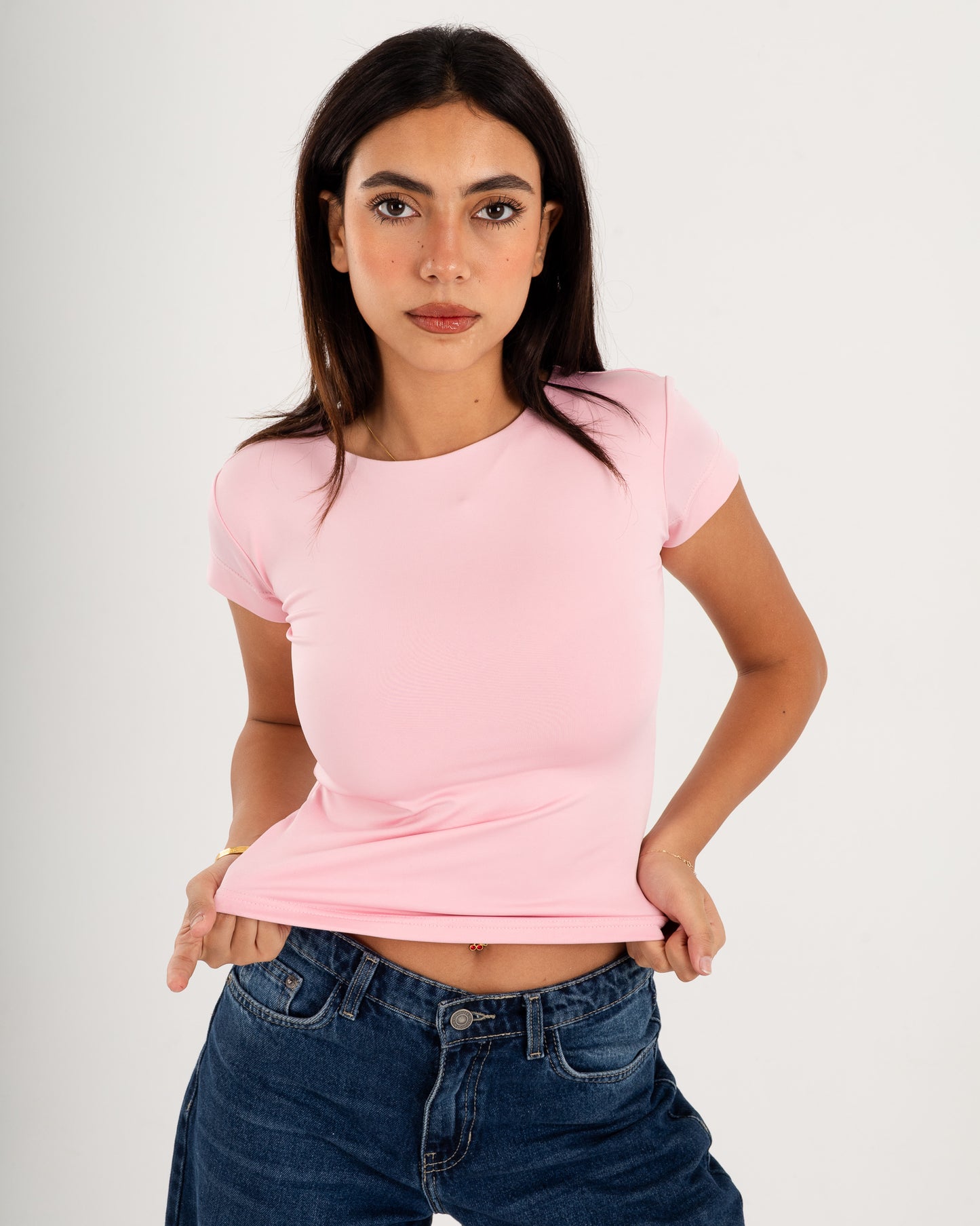 Basic Crew Neck Top - Short Sleeve - Double Layers.