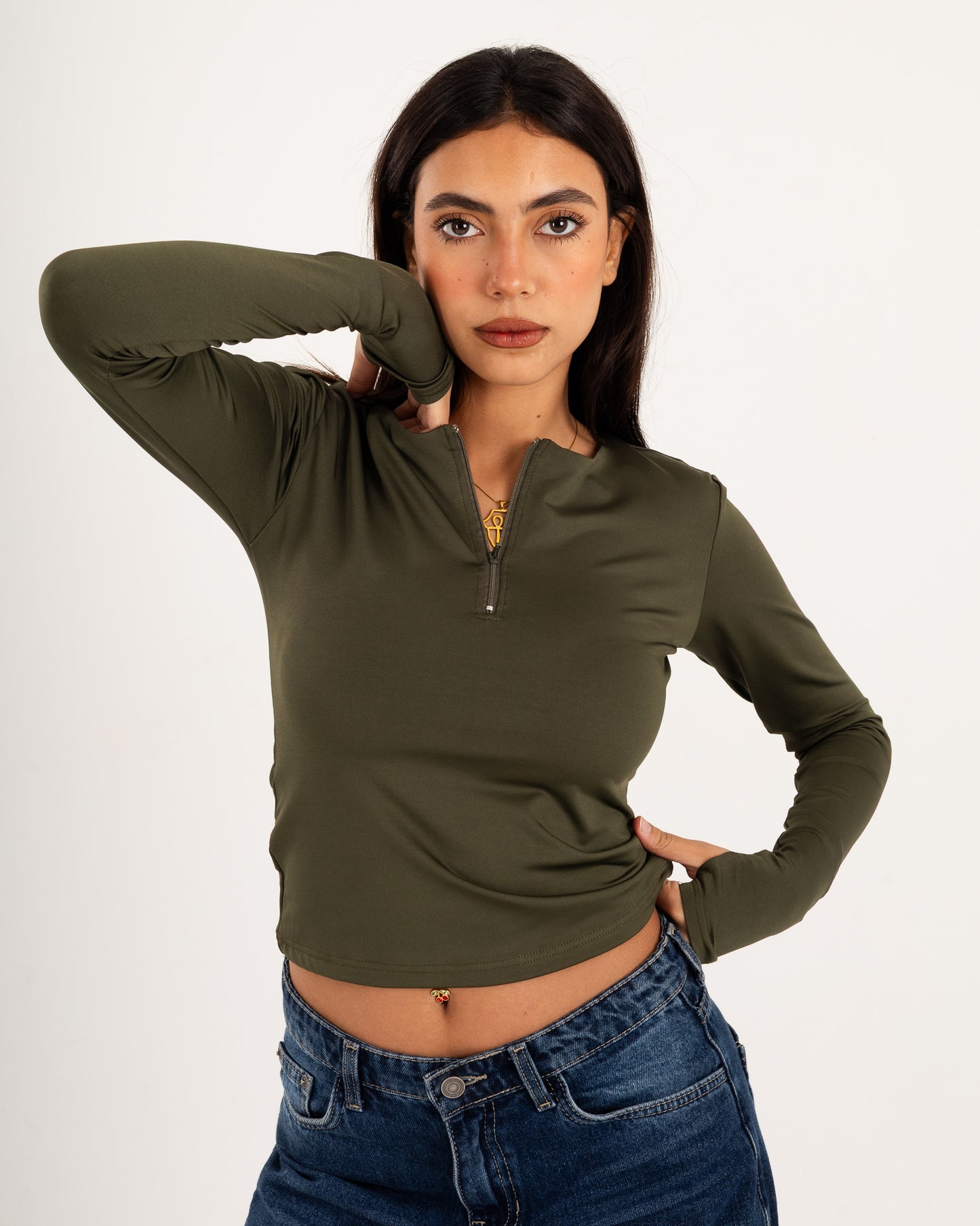 Zipper Long Sleeve Top - Slit Cuff - Double Layers.