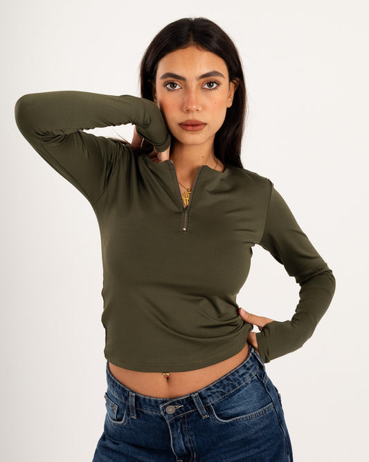 Zipper Long Sleeve Top - Slit Cuff - Double Layers.